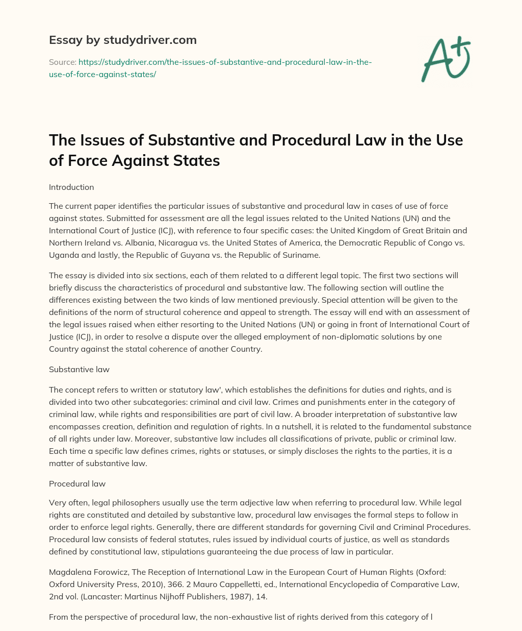 The Issues of Substantive and Procedural Law in the Use of Force against States essay