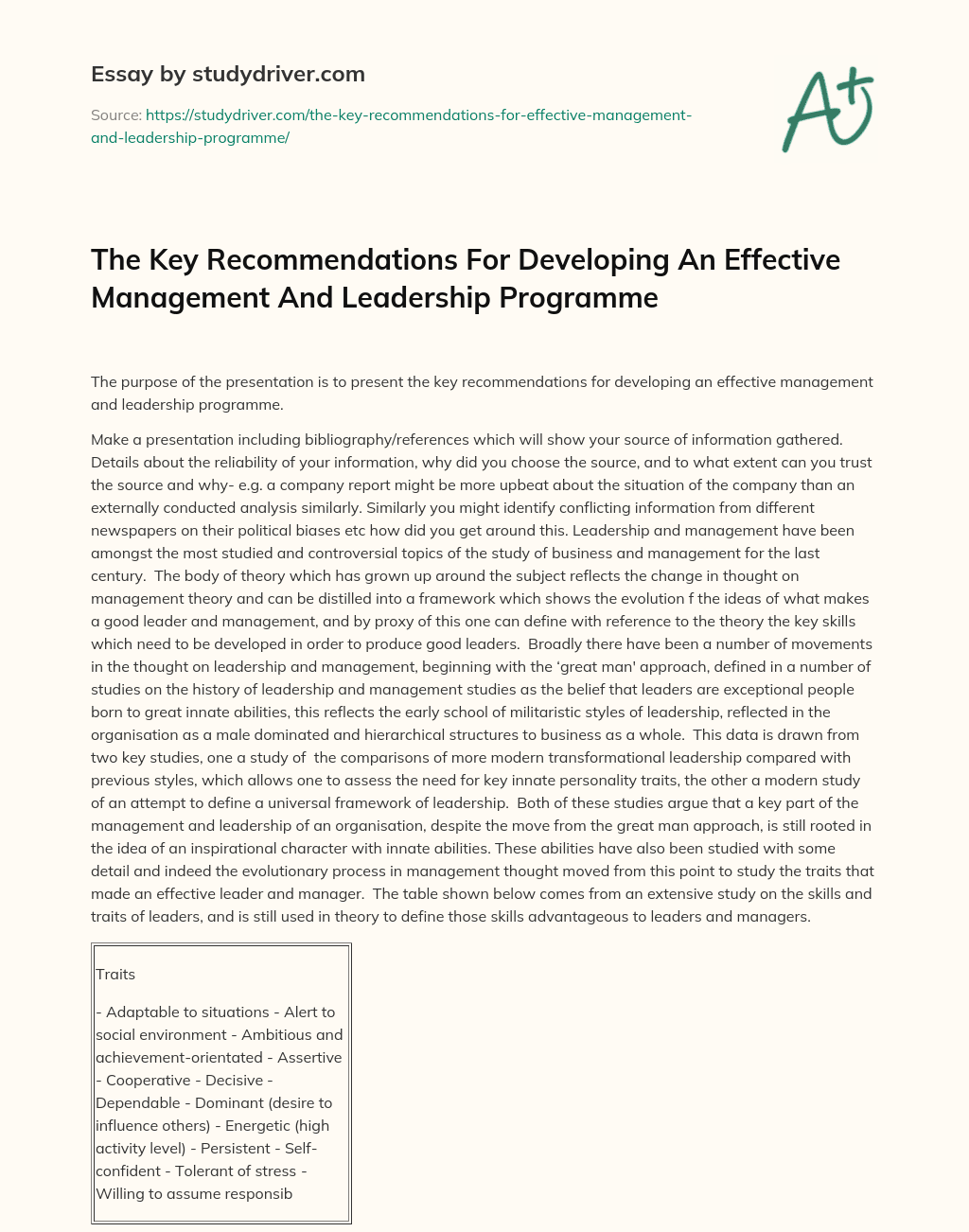 The Key Recommendations for Developing an Effective Management and Leadership Programme essay