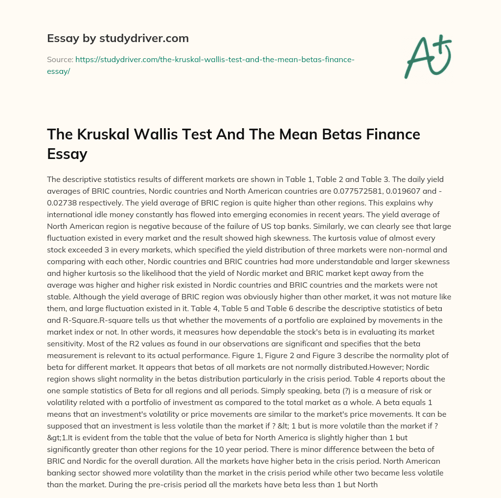 The Kruskal Wallis Test and the Mean Betas Finance Essay essay