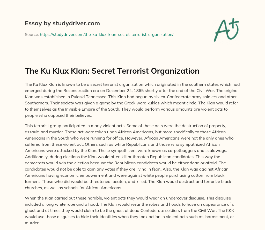 The Ku Klux Klan: Secret Terrorist Organization essay