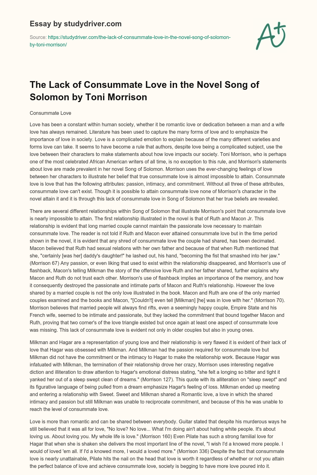 The Lack of Consummate Love in the Novel Song of Solomon by Toni Morrison essay