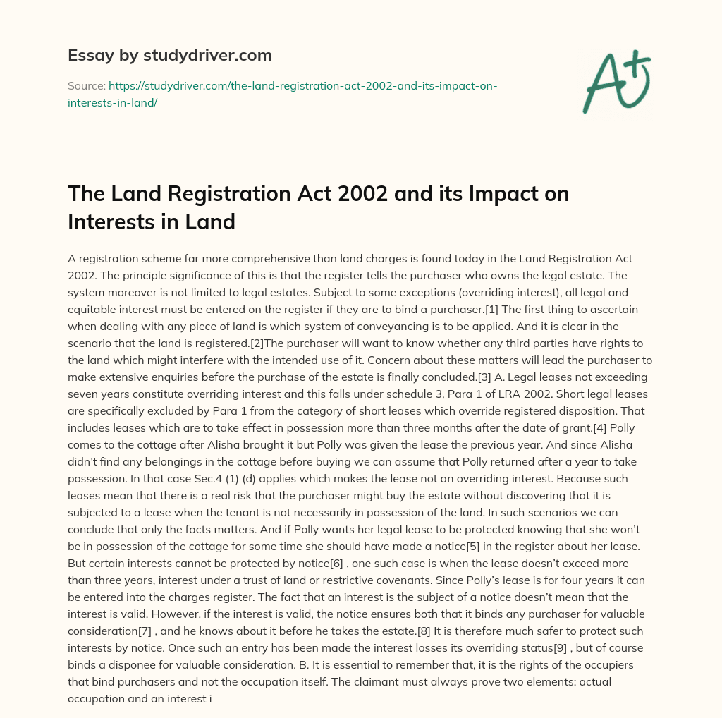 The Land Registration Act 2002 and its Impact on Interests in Land essay