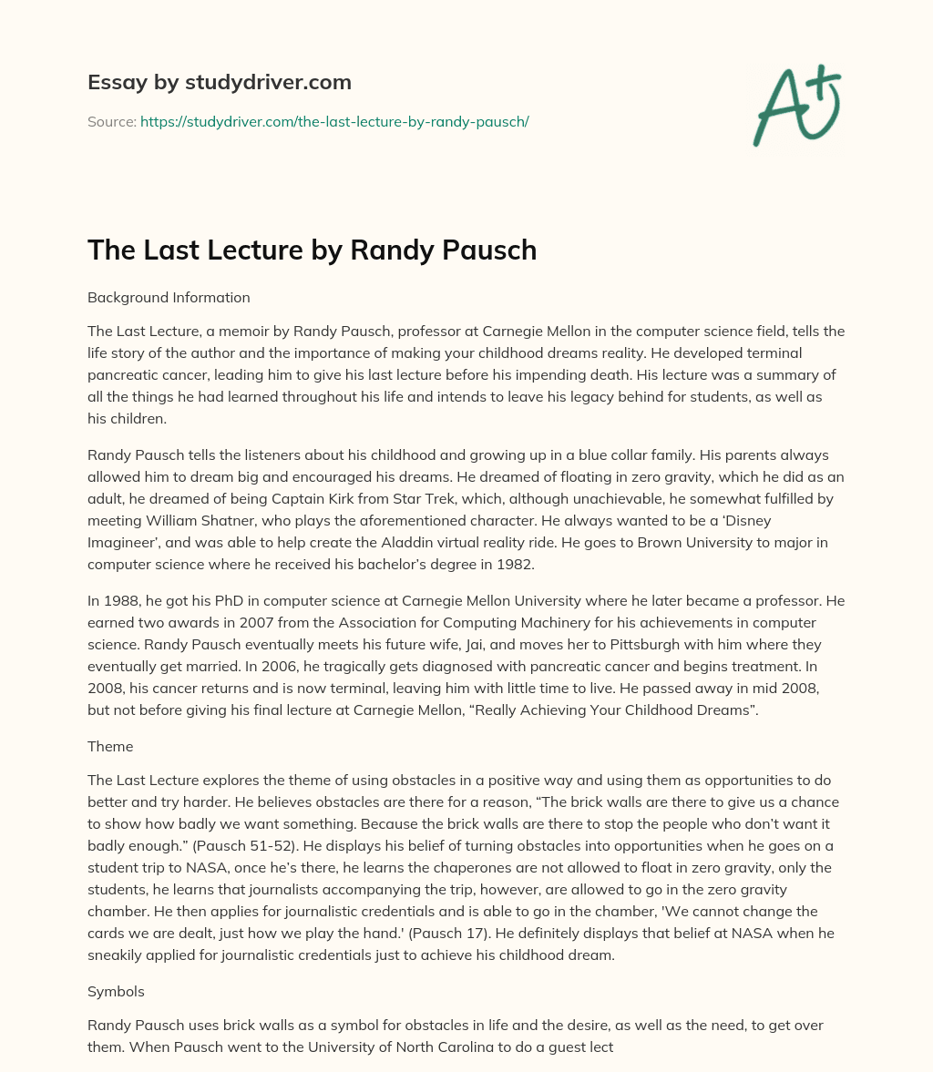 The Last Lecture by Randy Pausch essay