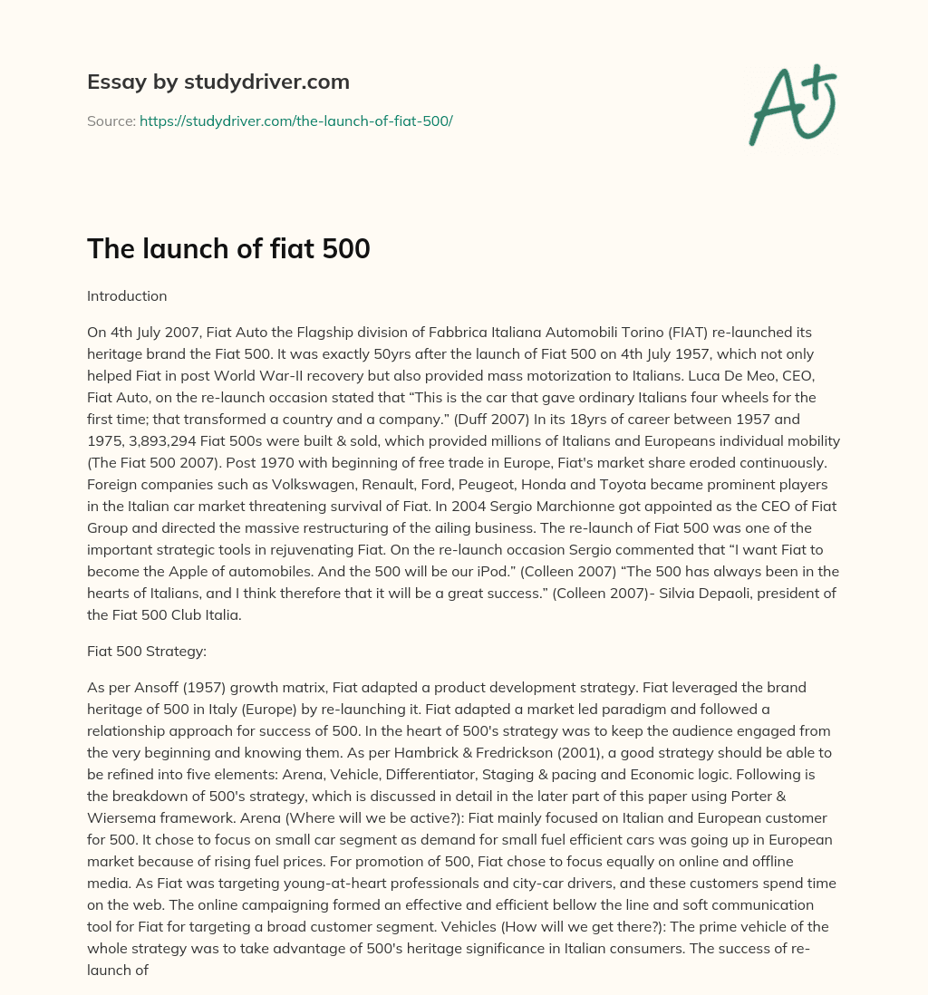 The Launch of Fiat 500 essay