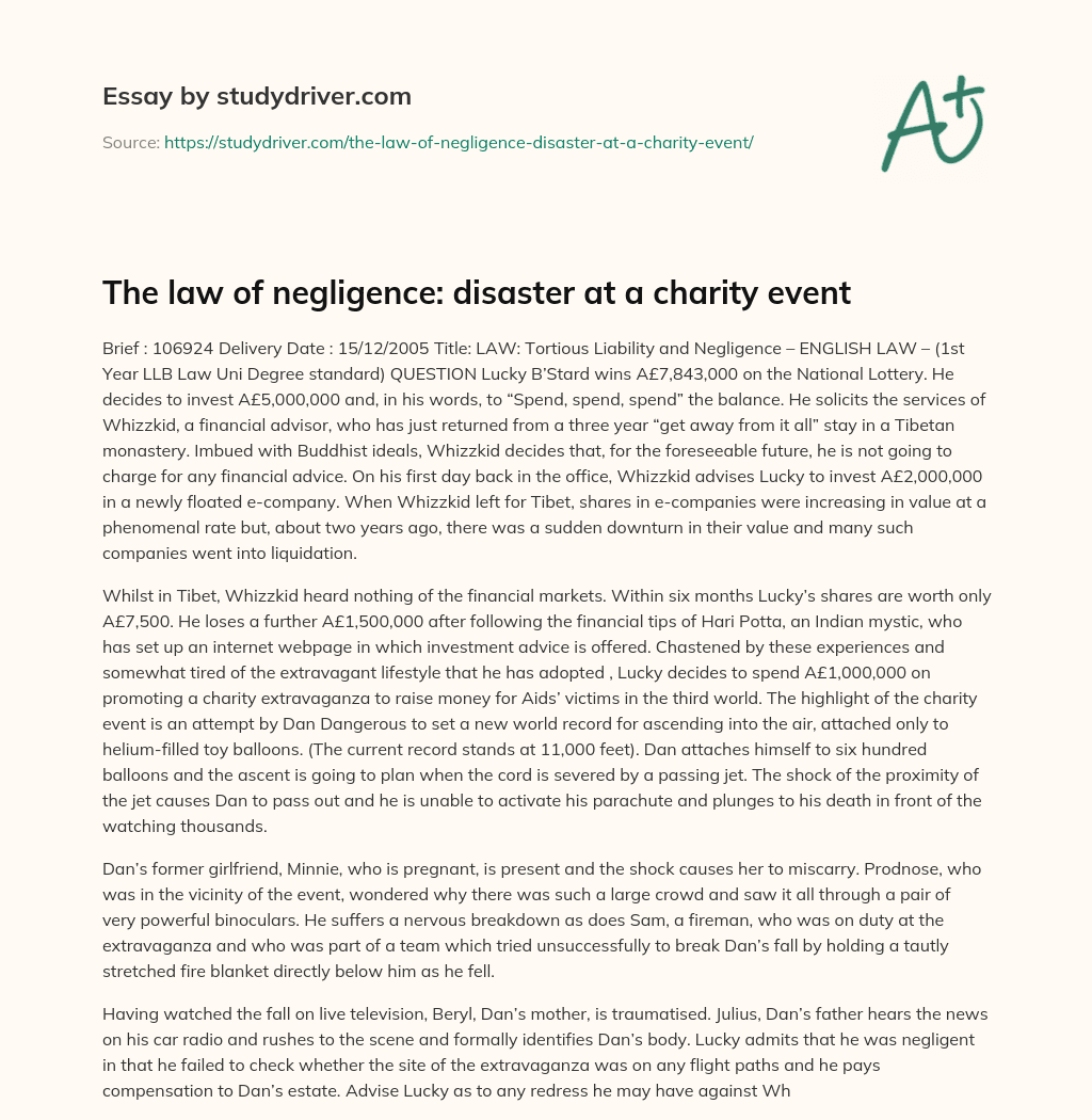 The Law of Negligence: Disaster at a Charity Event essay