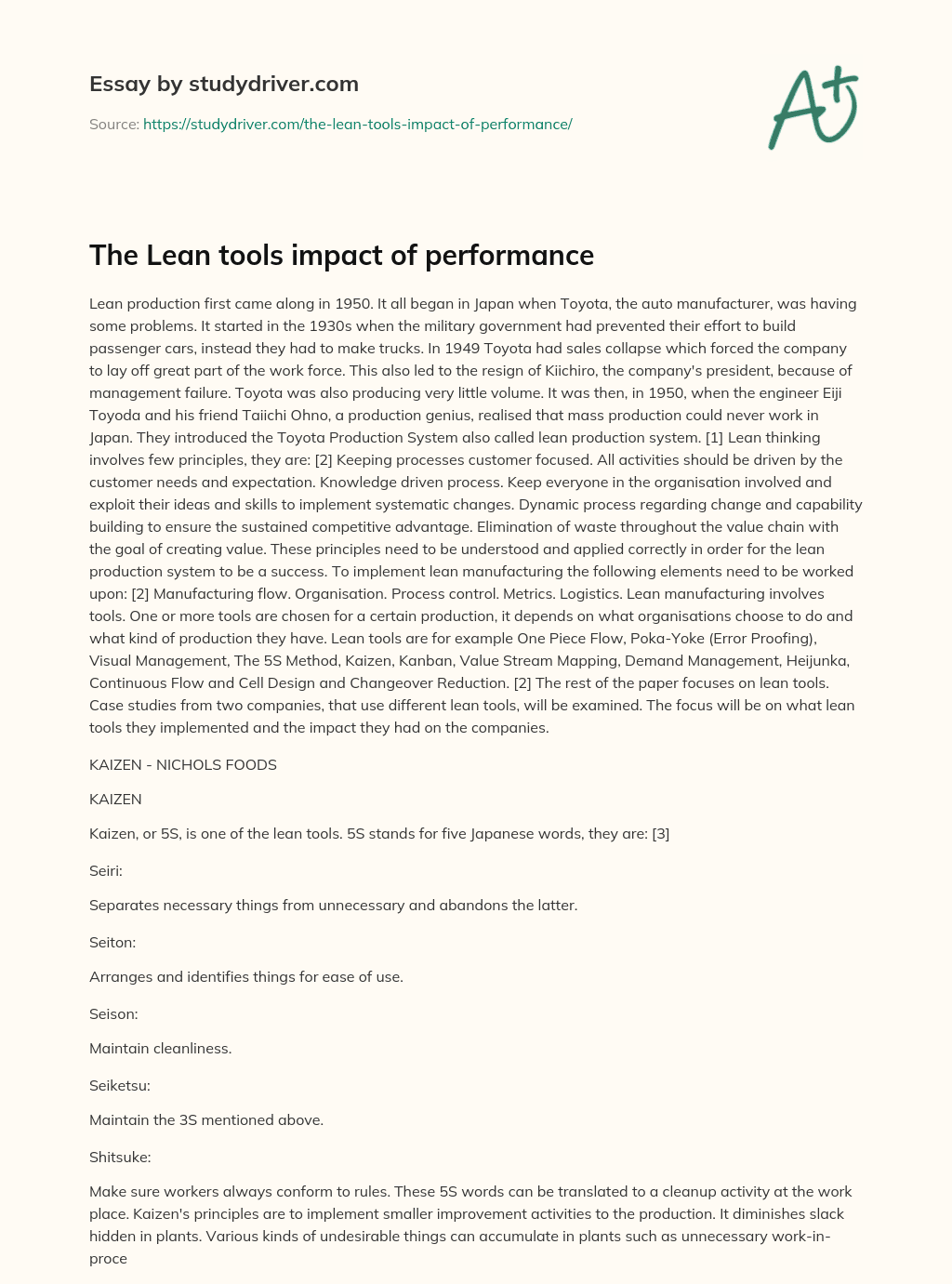 The Lean Tools Impact of Performance essay