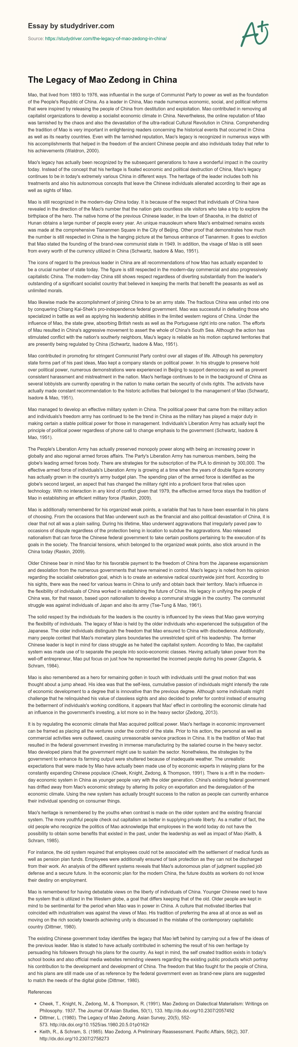 The Legacy of Mao Zedong in China essay