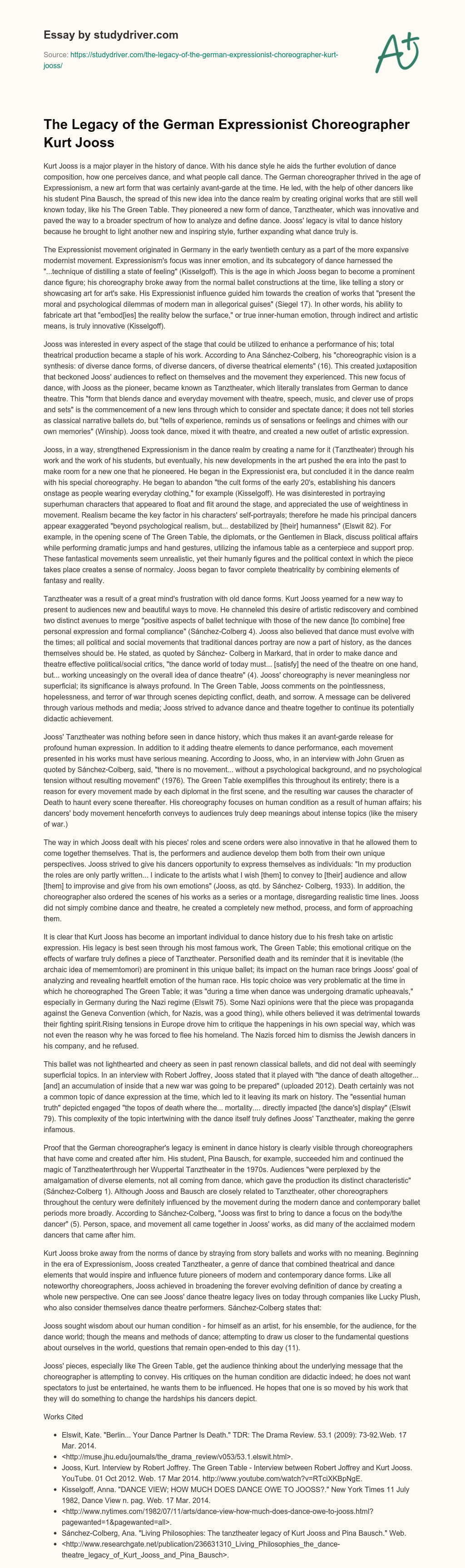 The Legacy of the German Expressionist Choreographer Kurt Jooss essay