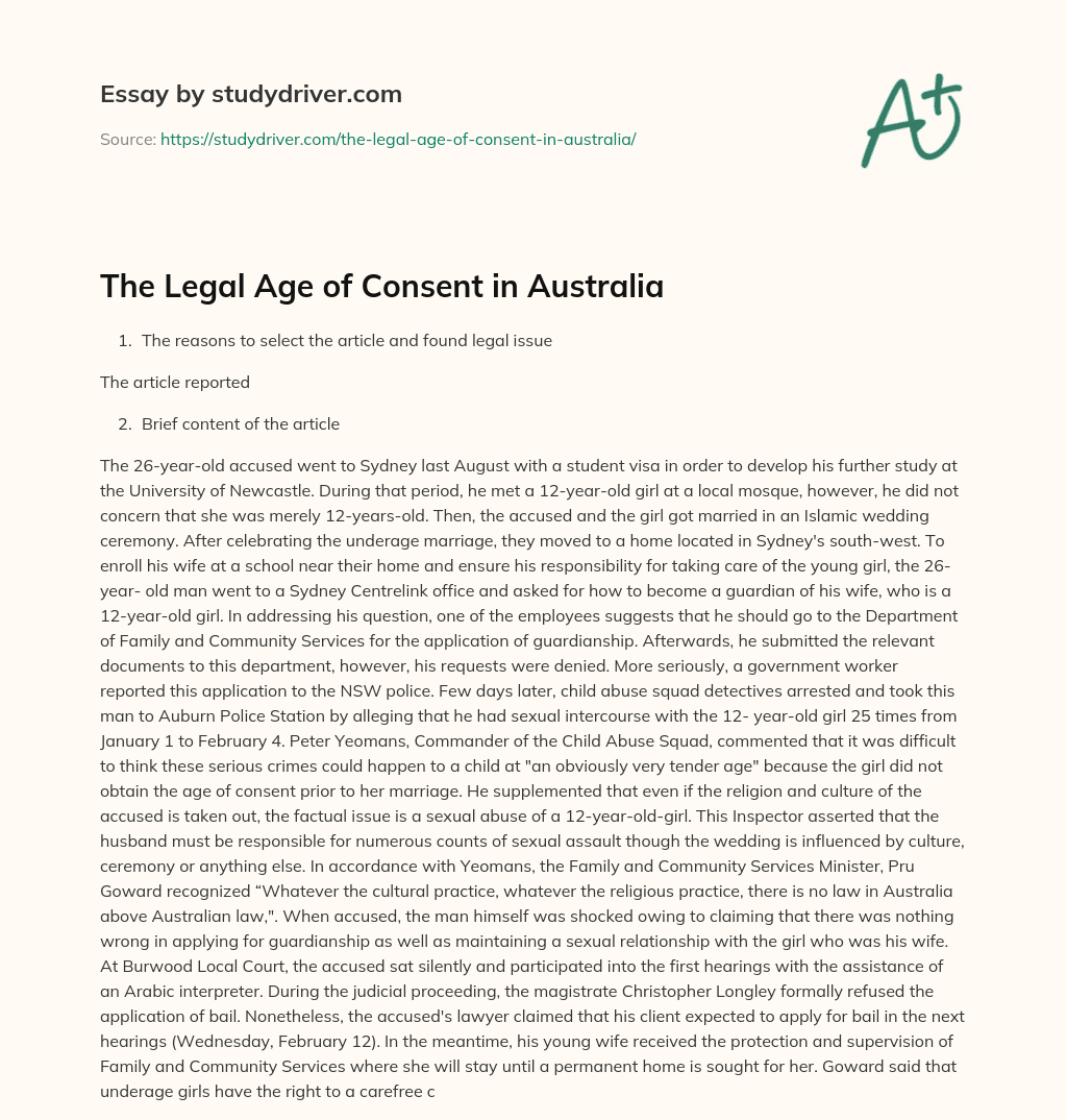The Legal Age of Consent in Australia essay