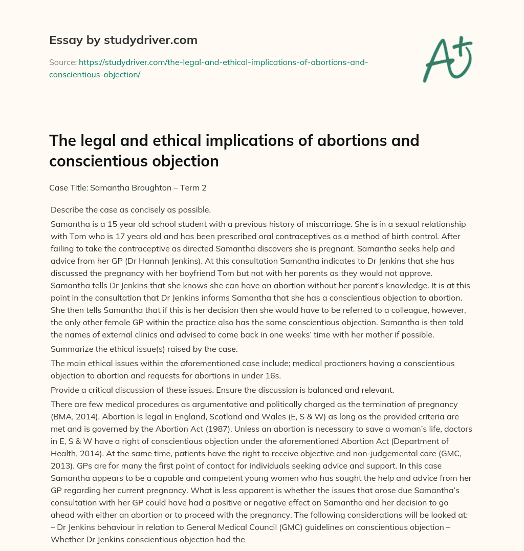 The Legal and Ethical Implications of Abortions and Conscientious Objection essay
