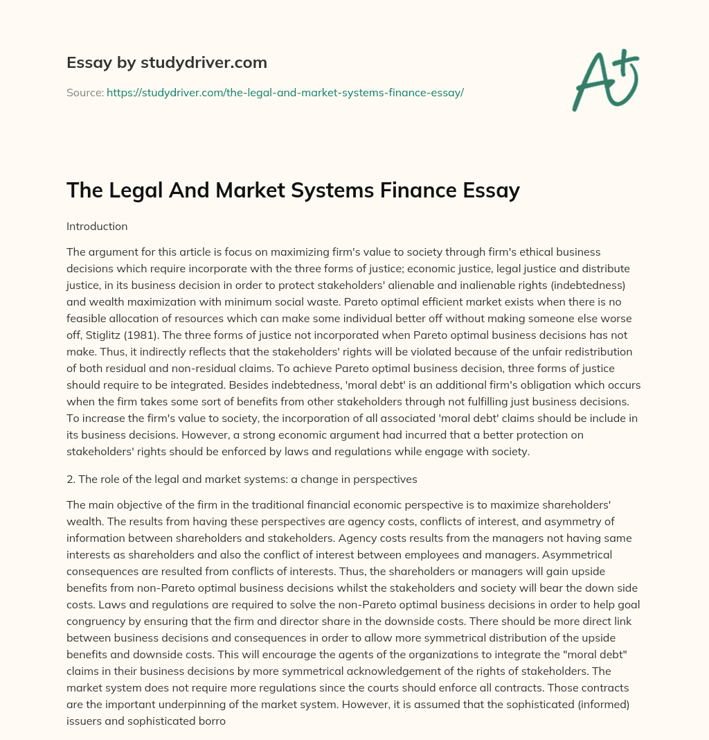 The Legal and Market Systems Finance Essay essay