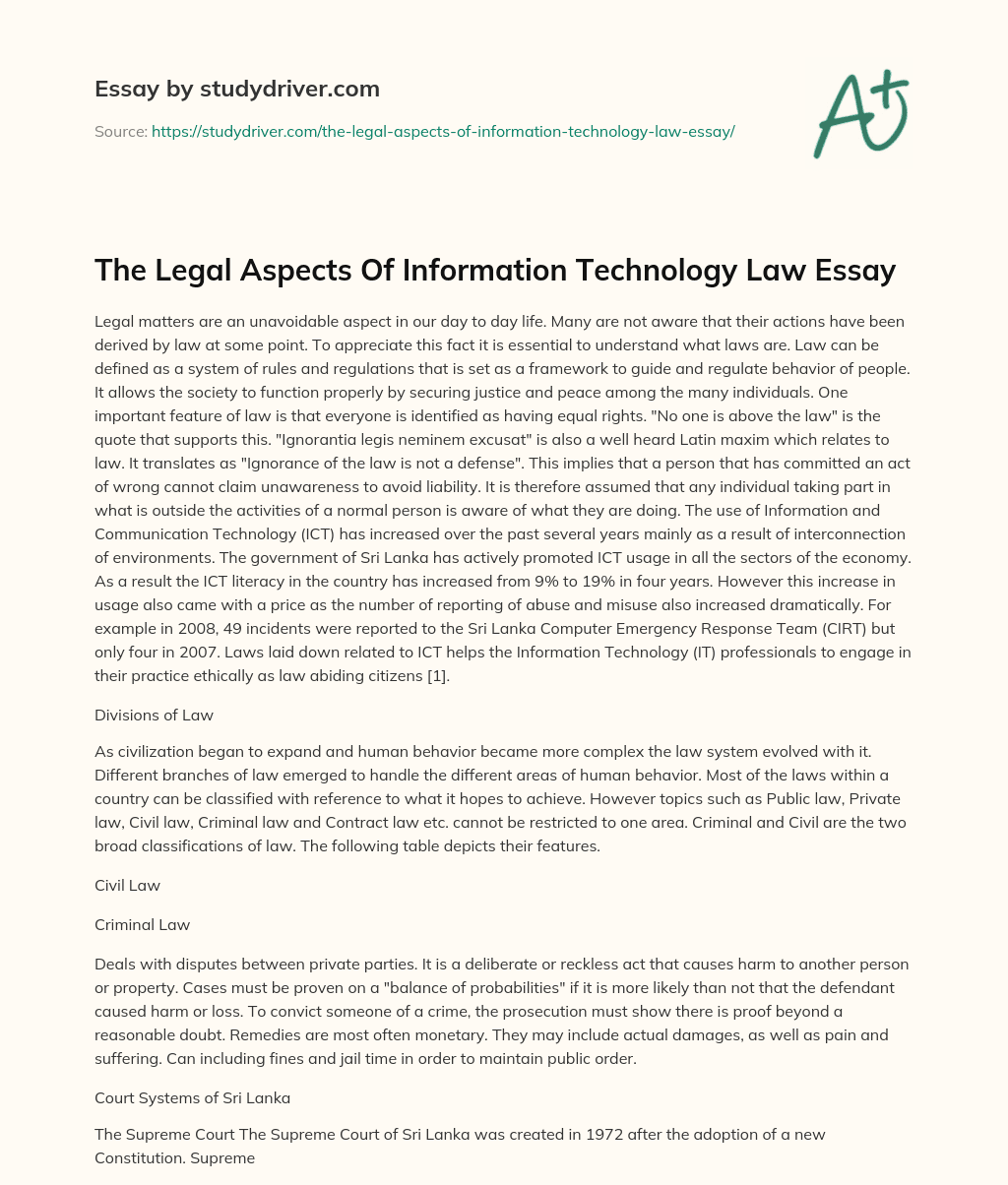 The Legal Aspects of Information Technology Law Essay essay