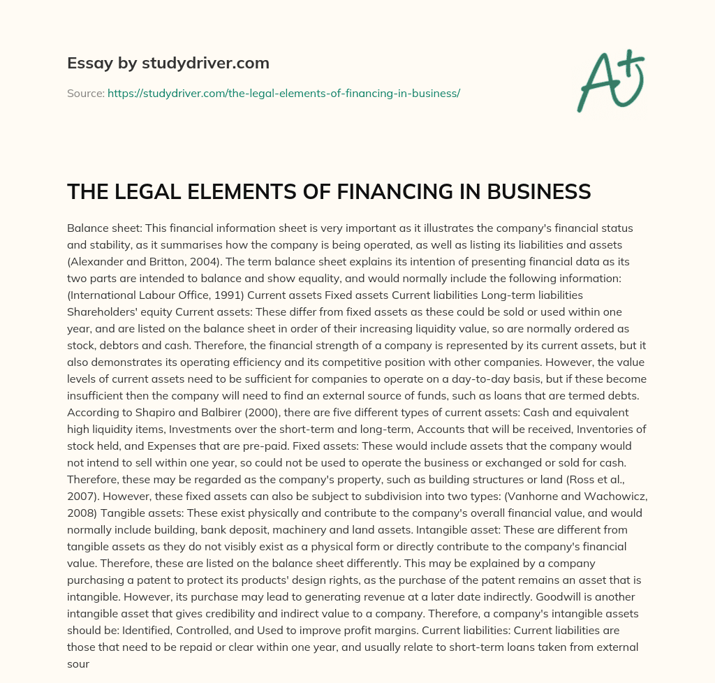 THE LEGAL ELEMENTS of FINANCING in BUSINESS essay