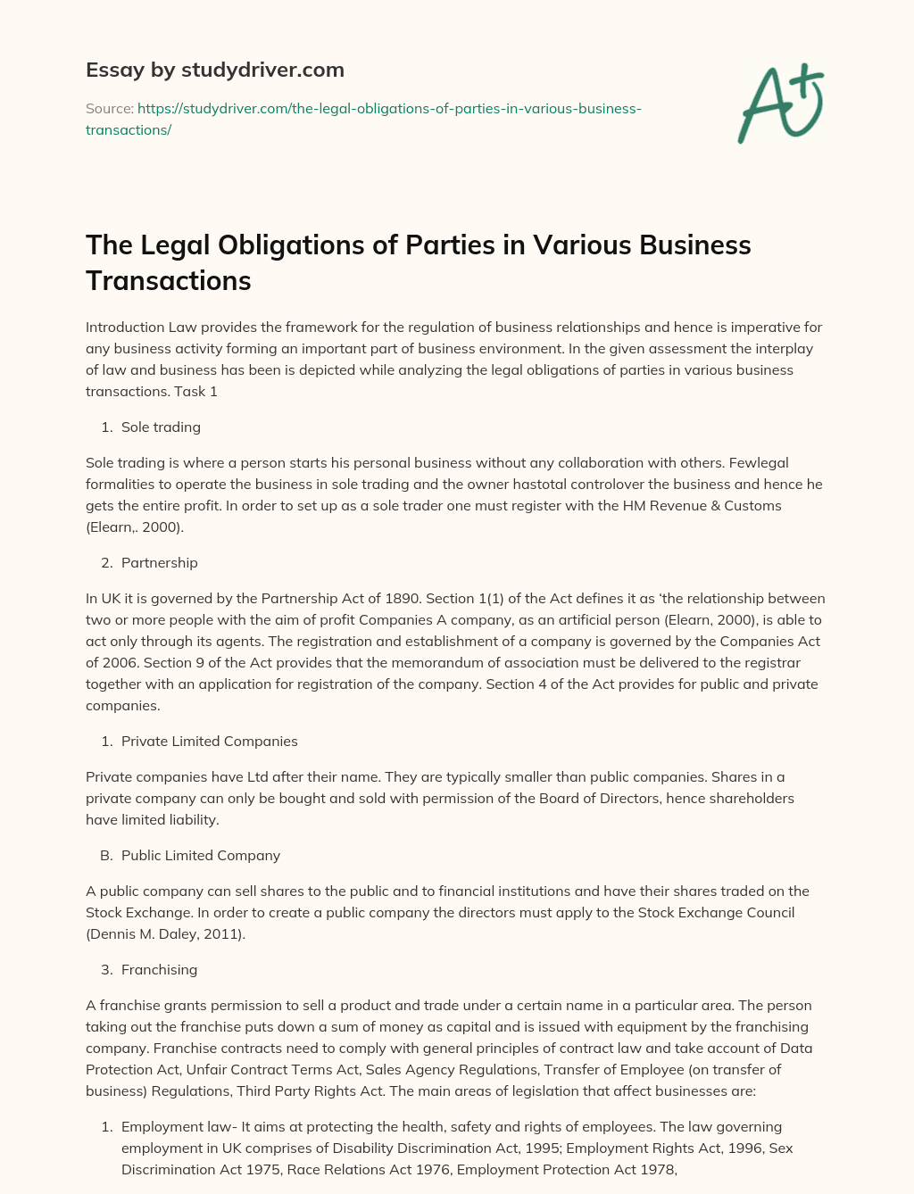 The Legal Obligations of Parties in Various Business Transactions essay