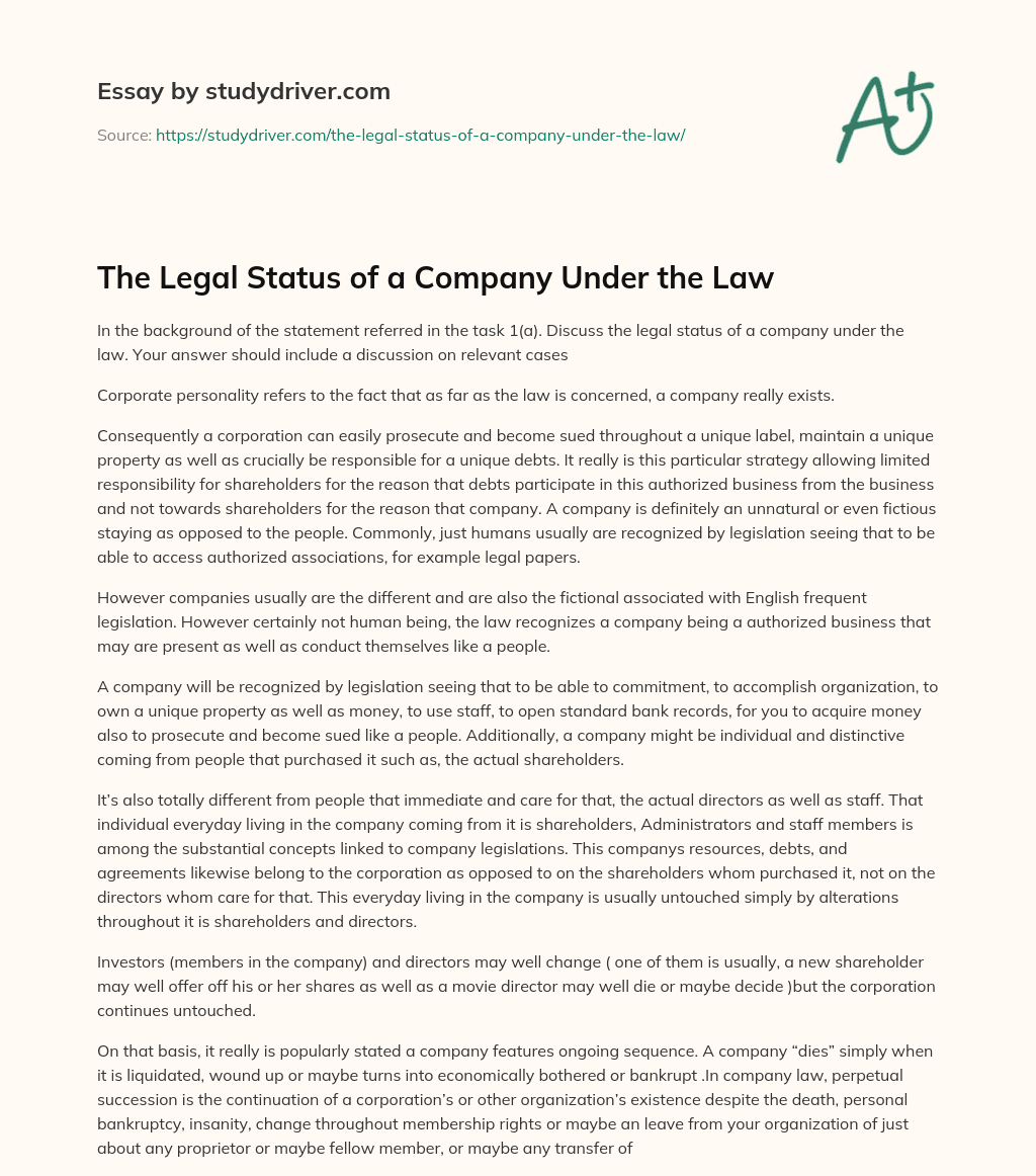 The Legal Status of a Company under the Law essay