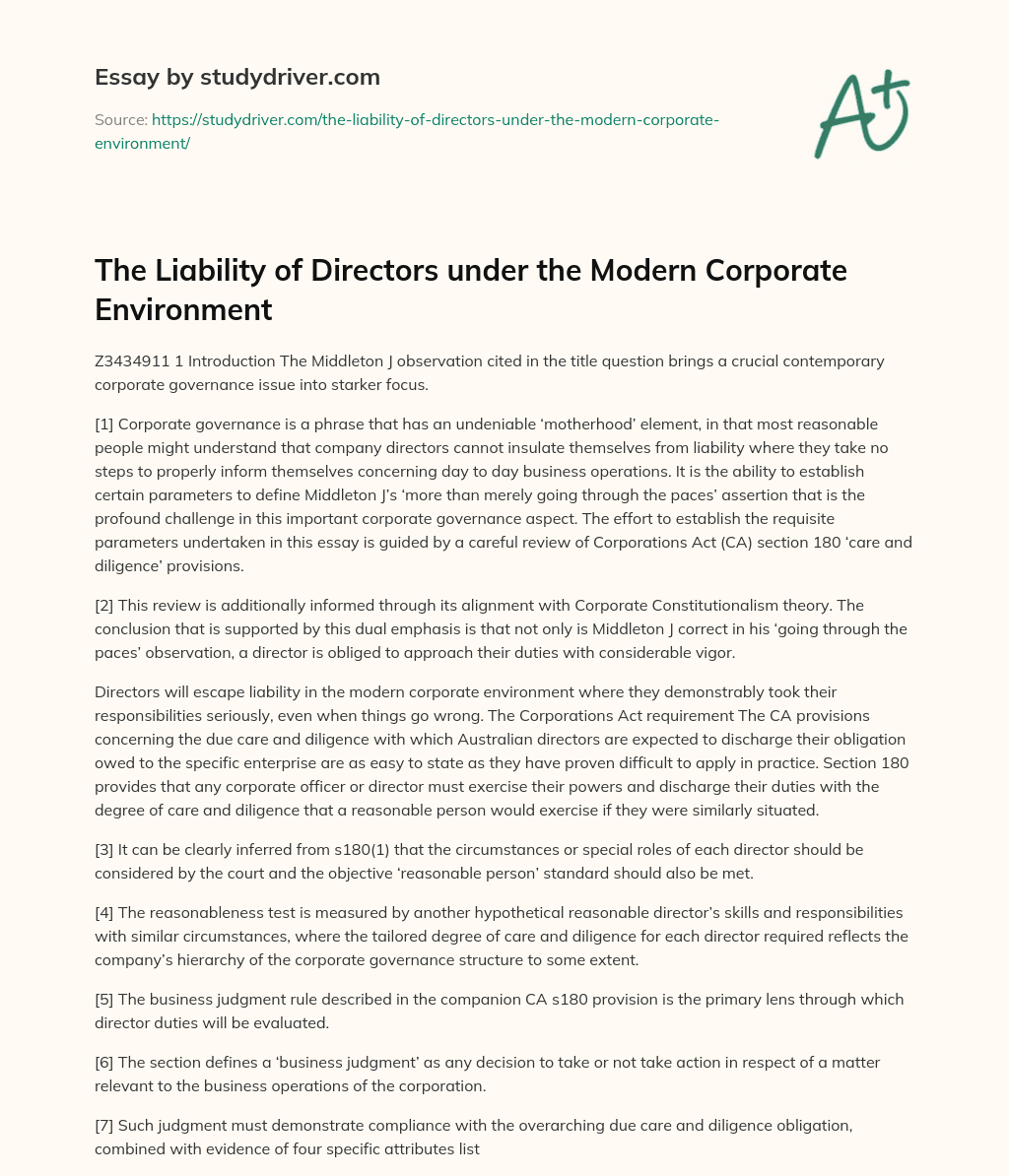 The Liability of Directors under the Modern Corporate Environment essay