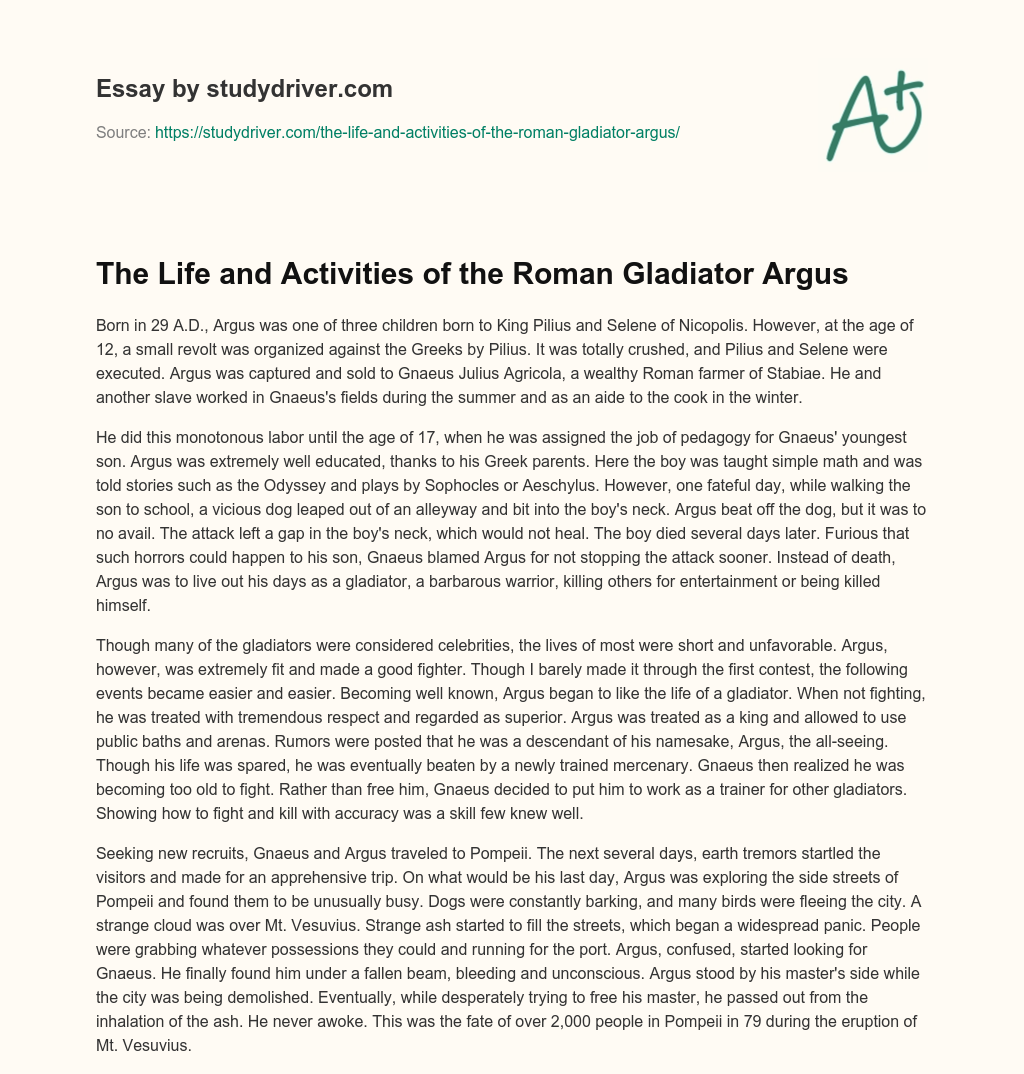 The Life and Activities of the Roman Gladiator Argus essay