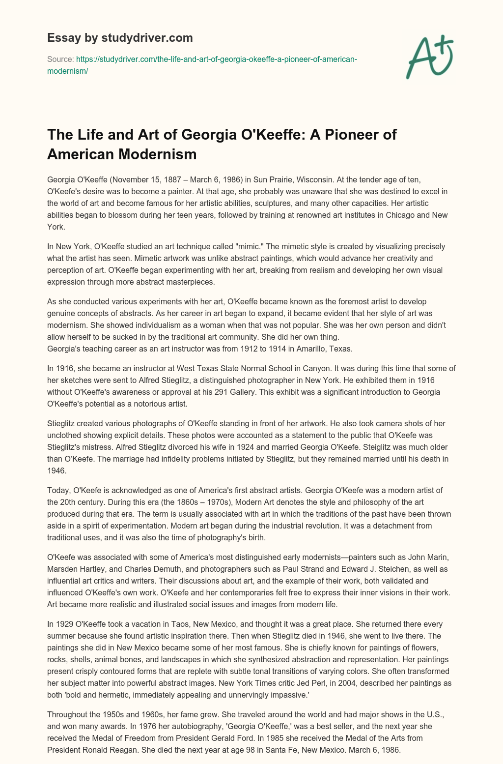 The Life and Art of Georgia O’Keeffe: a Pioneer of American Modernism essay