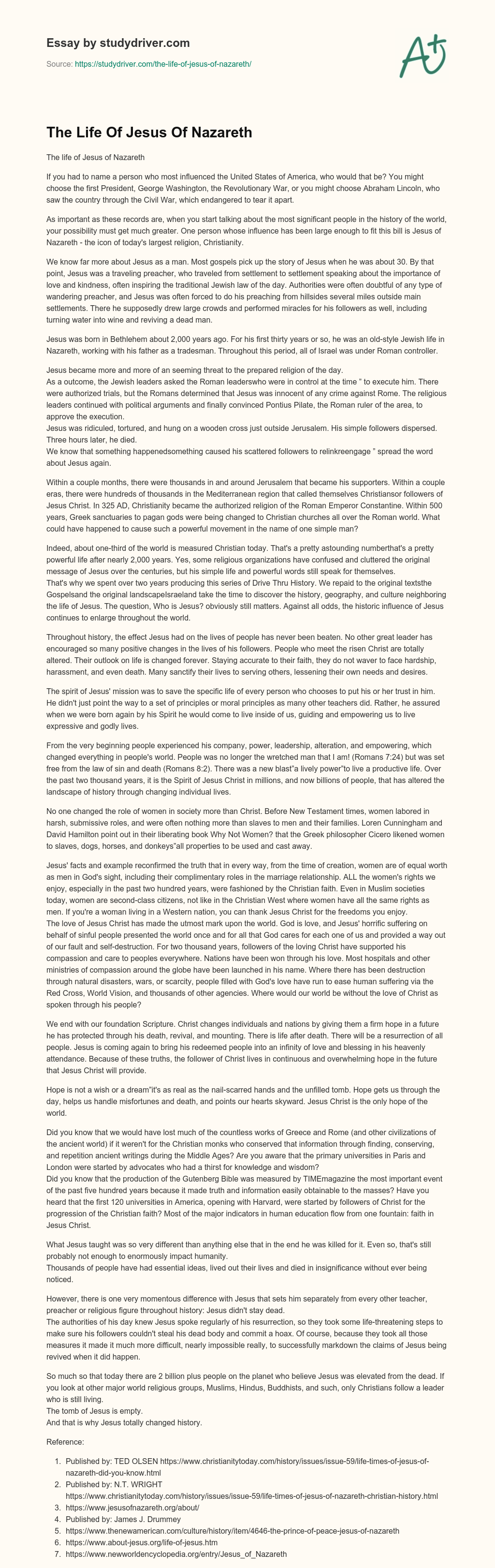 The Life of Jesus of Nazareth essay