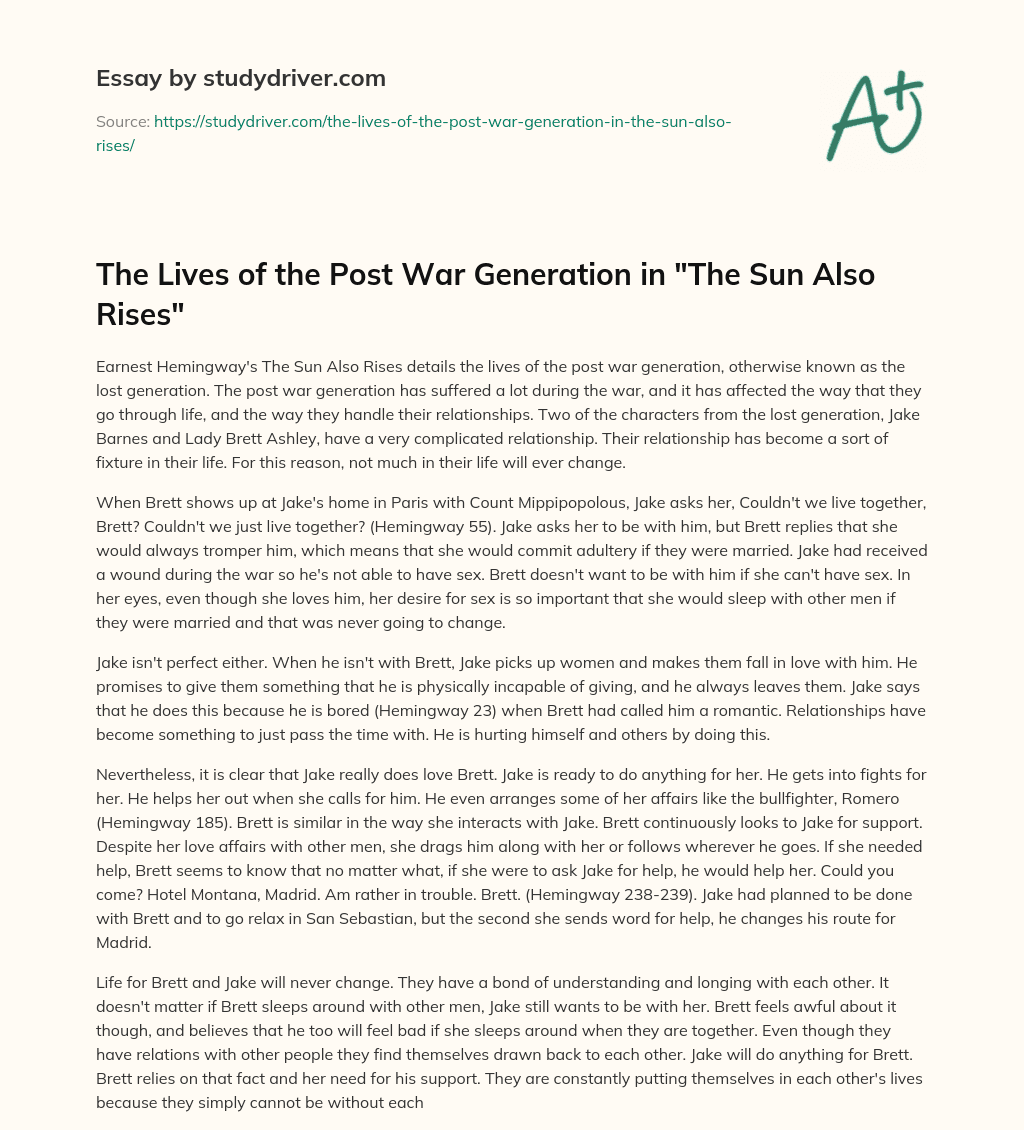The Lives of the Post War Generation in “The Sun Also Rises” essay