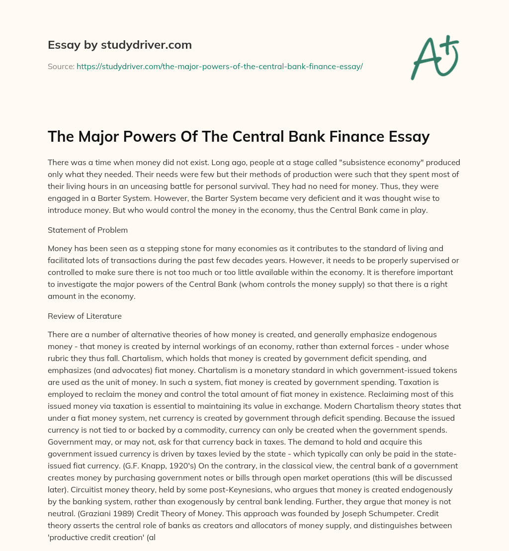 The Major Powers of the Central Bank Finance Essay essay