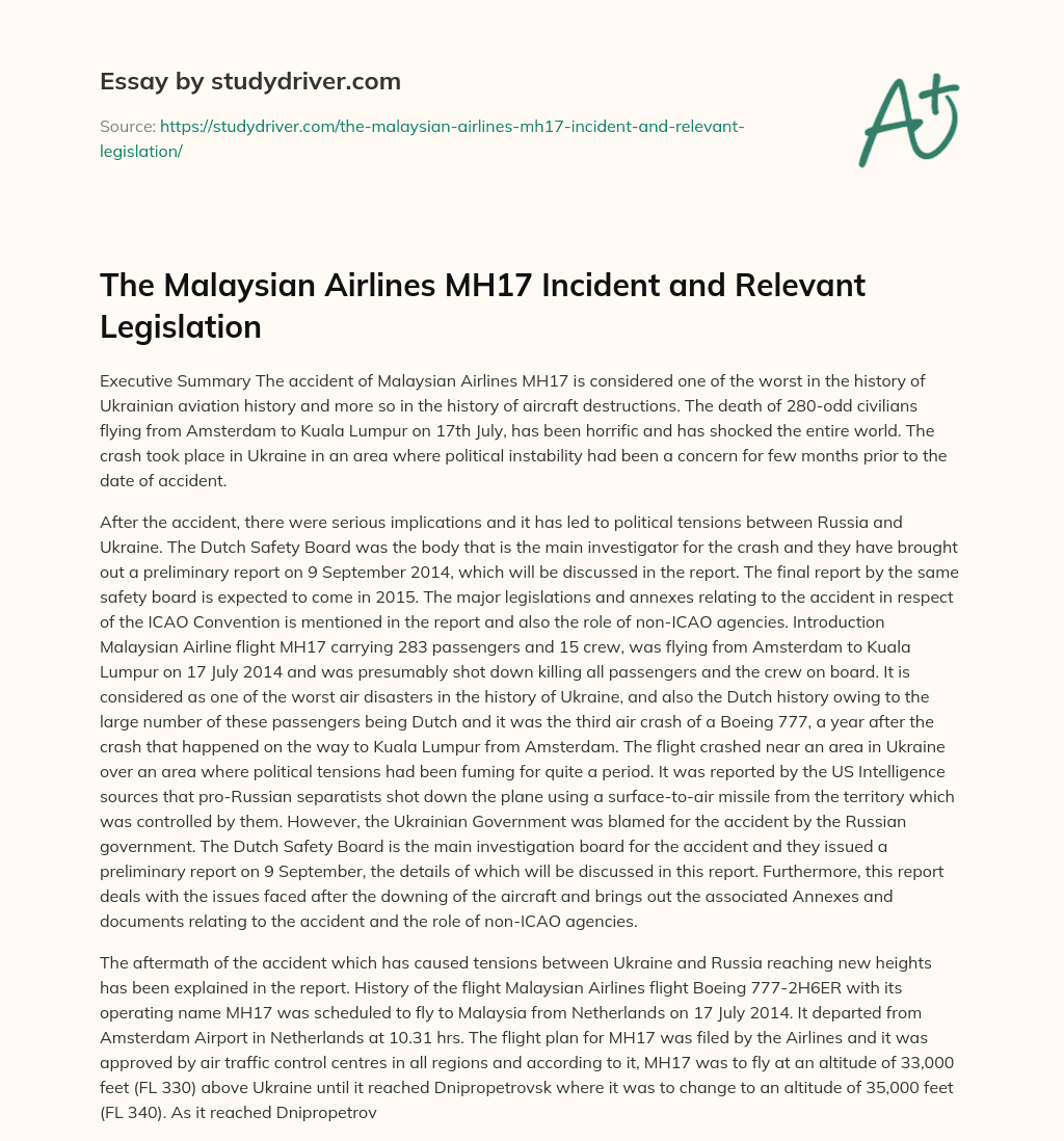 The Malaysian Airlines MH17 Incident and Relevant Legislation essay