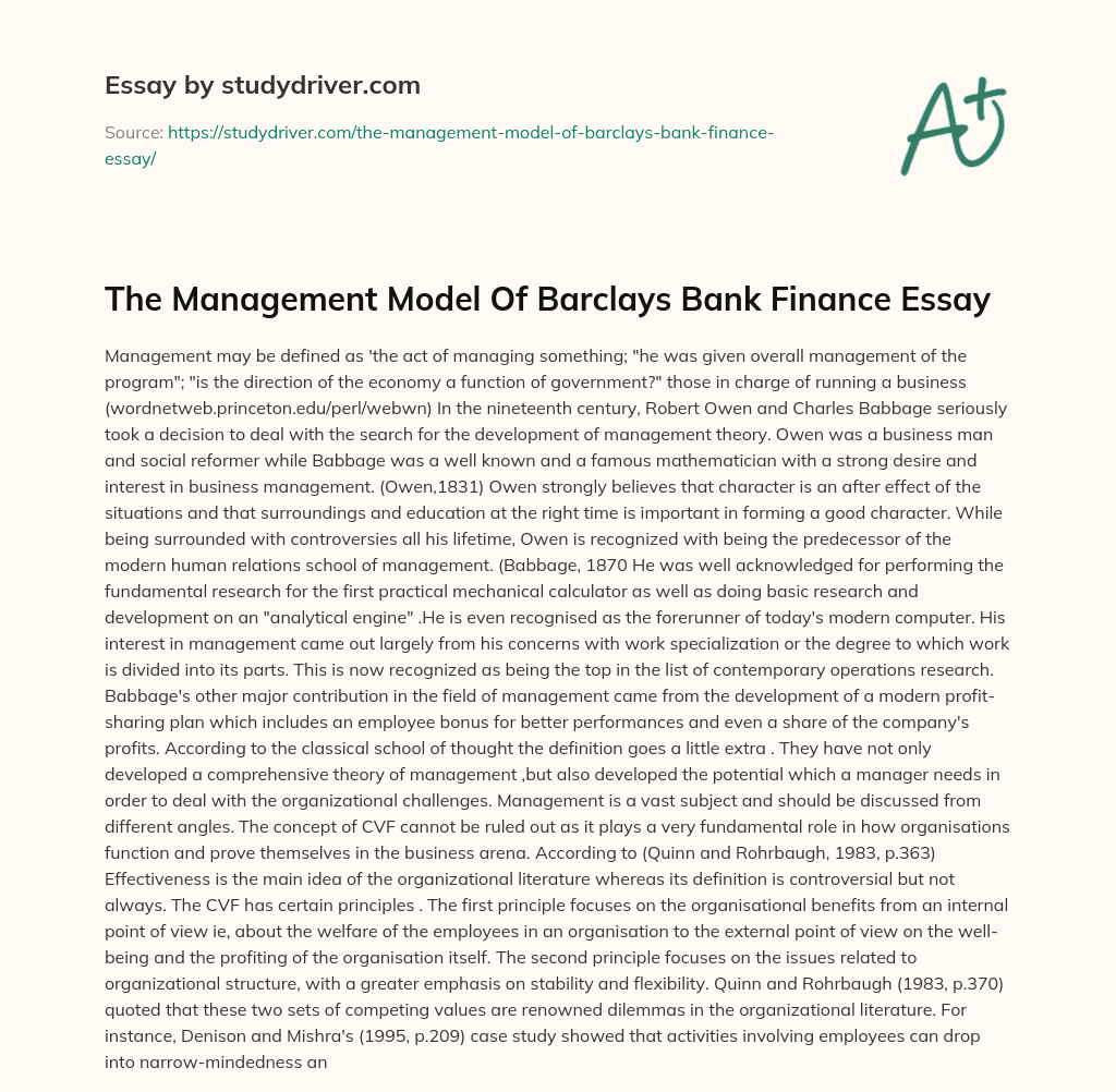 The Management Model of Barclays Bank Finance Essay essay