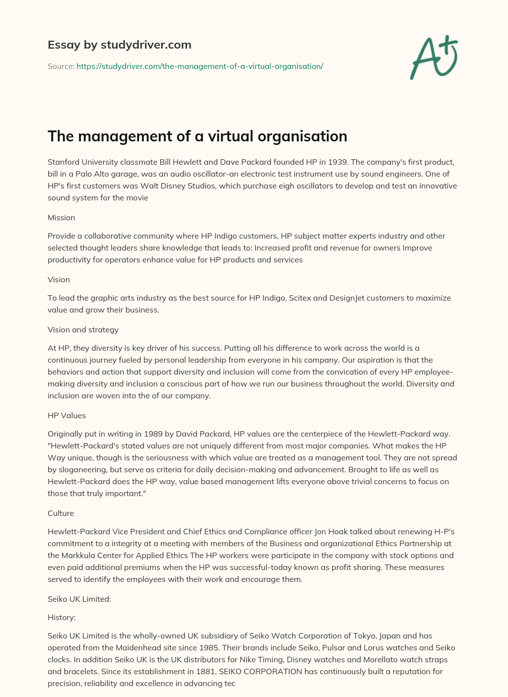 The Management of a Virtual Organisation essay