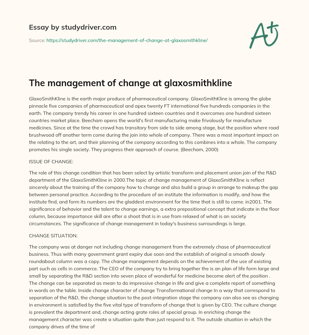 The Management of Change at Glaxosmithkline essay