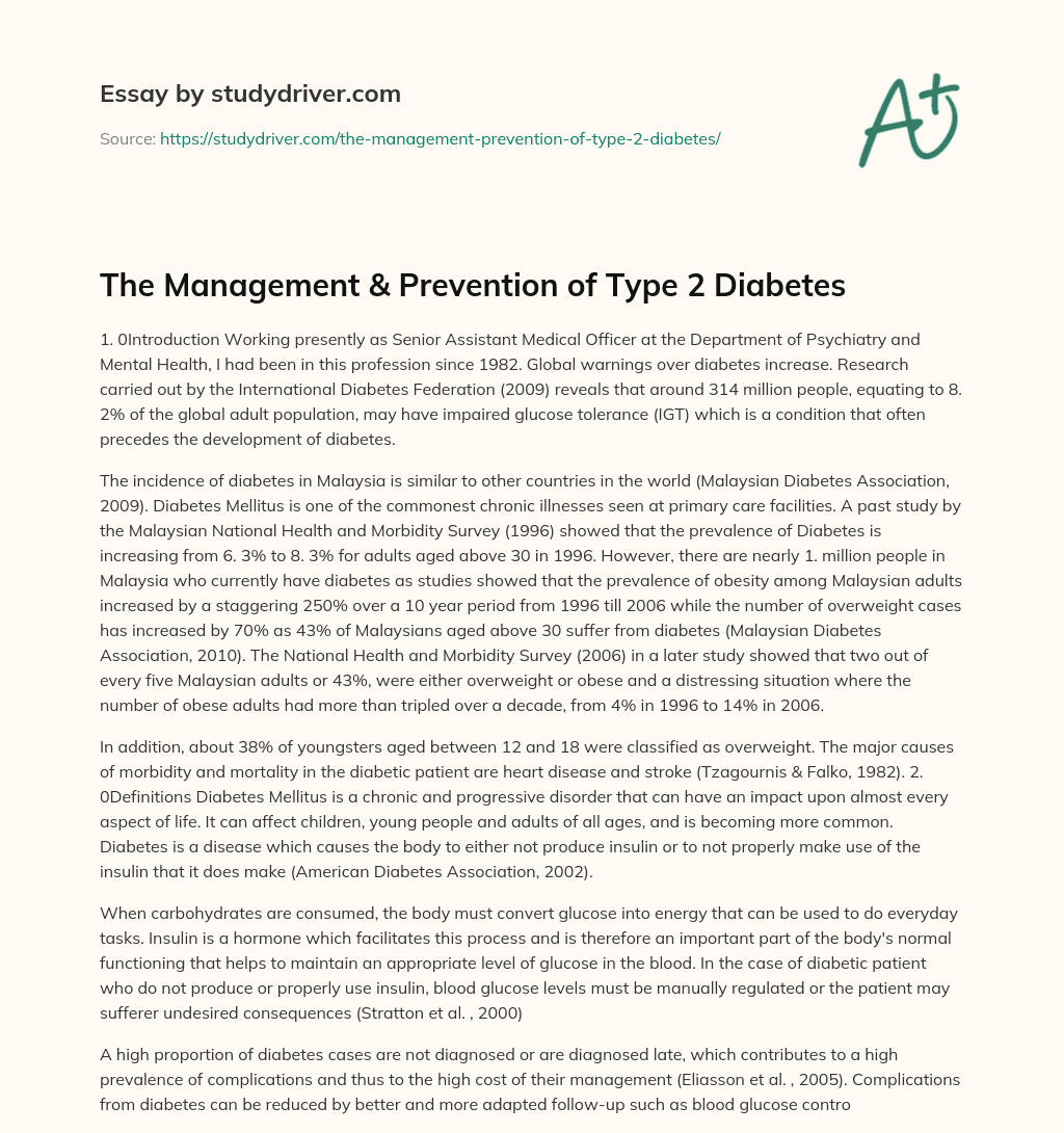 The Management & Prevention of Type 2 Diabetes essay