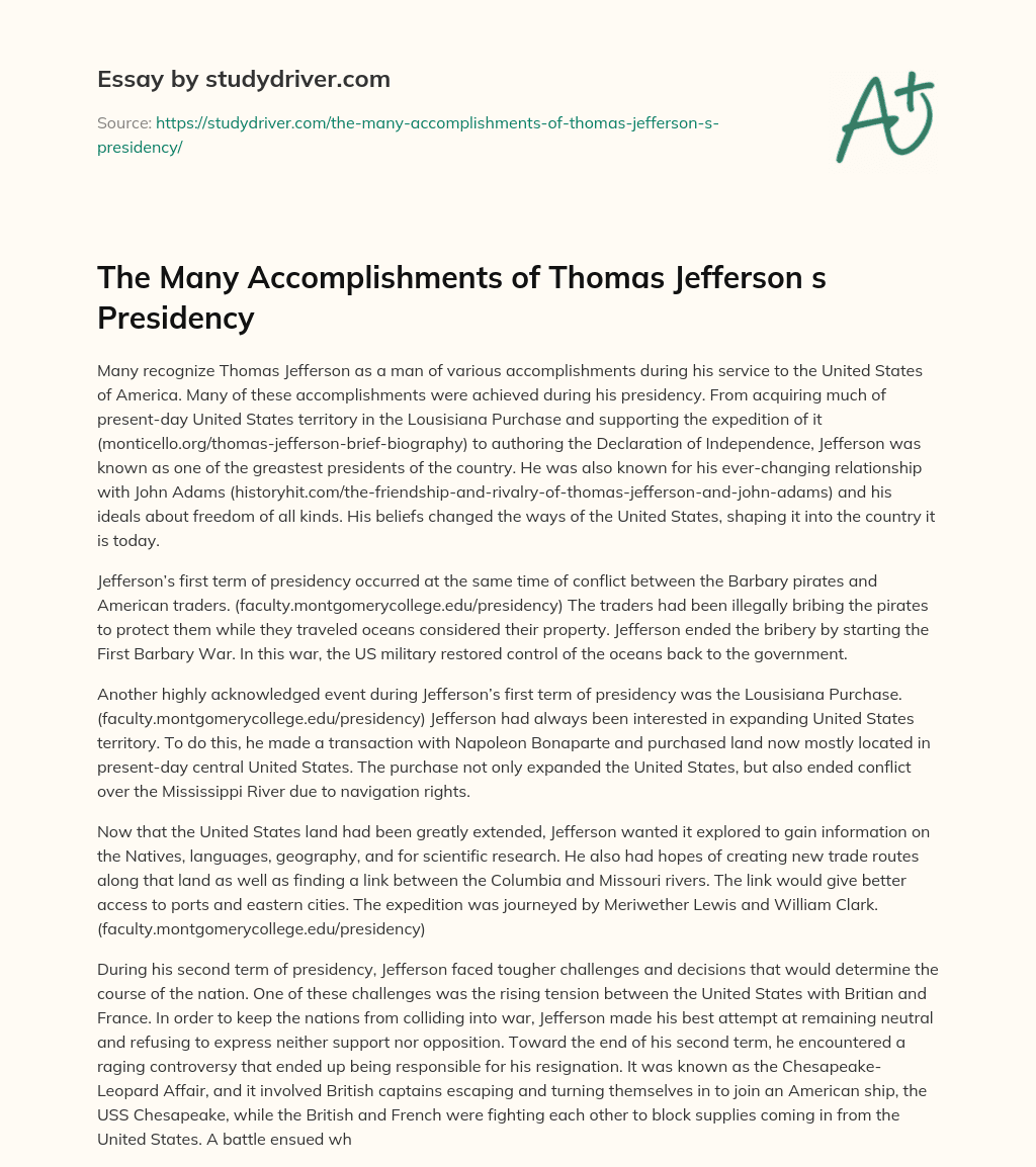 The Many Accomplishments of Thomas Jefferson S Presidency essay