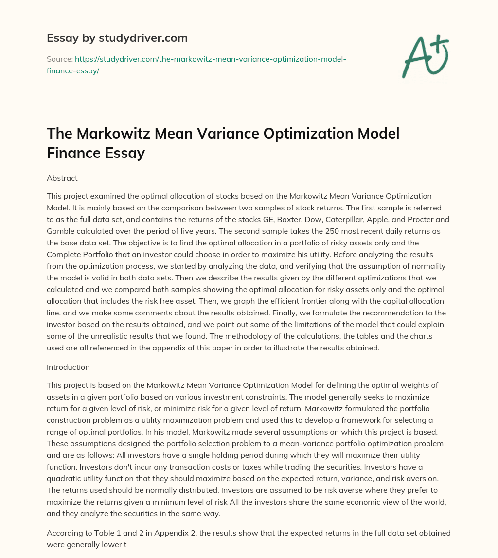 The Markowitz Mean Variance Optimization Model Finance Essay essay