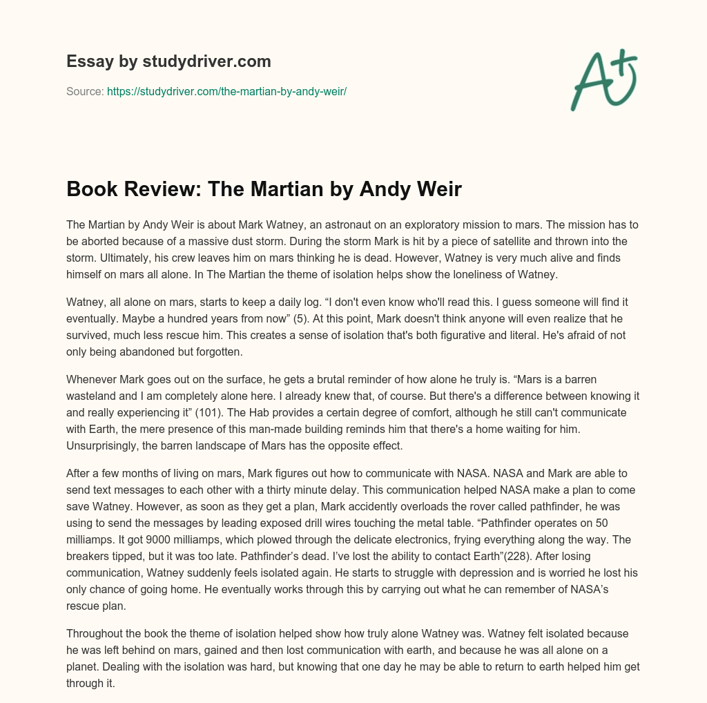 Book Review: the Martian by Andy Weir essay