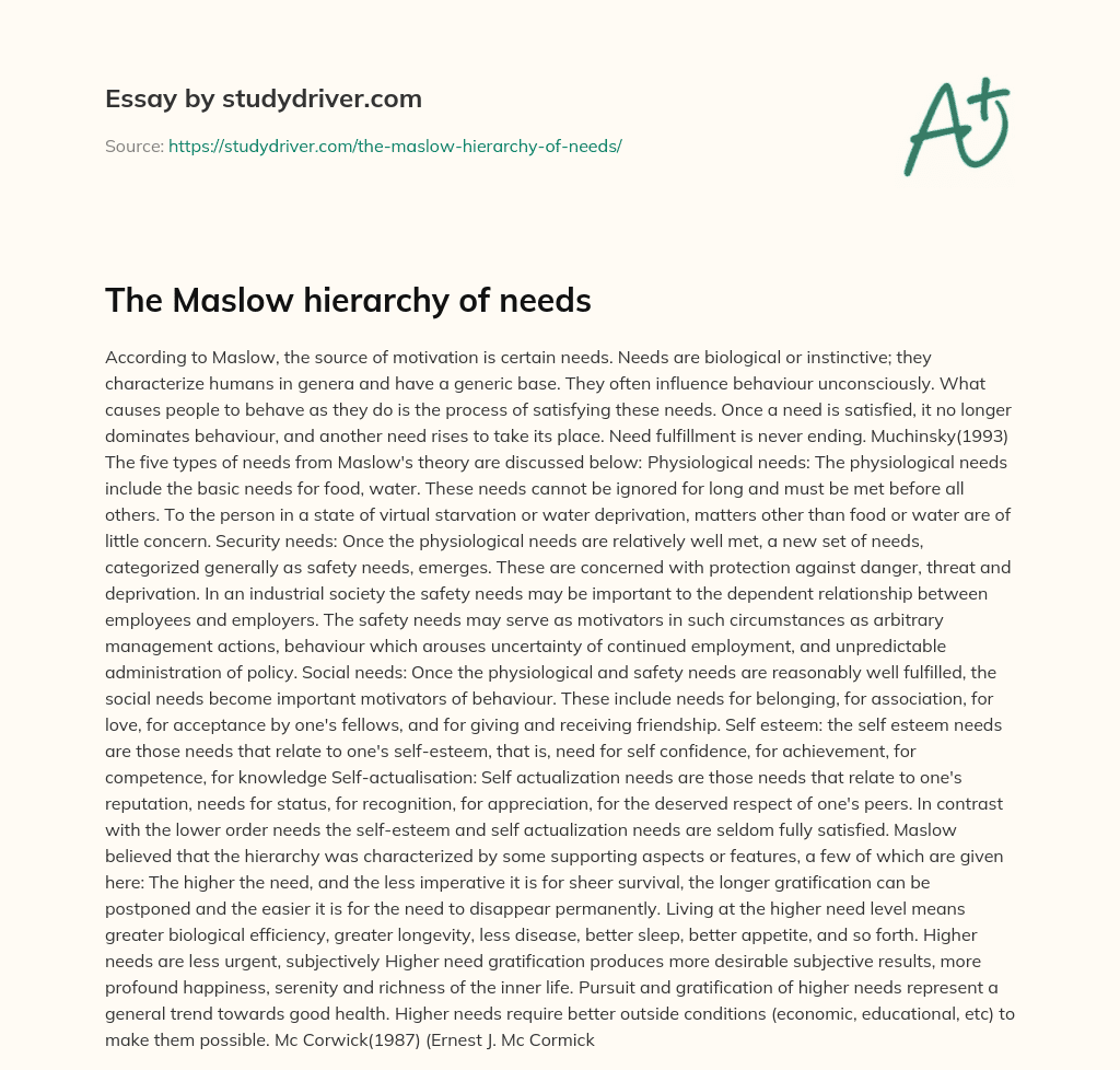 The Maslow Hierarchy of Needs essay