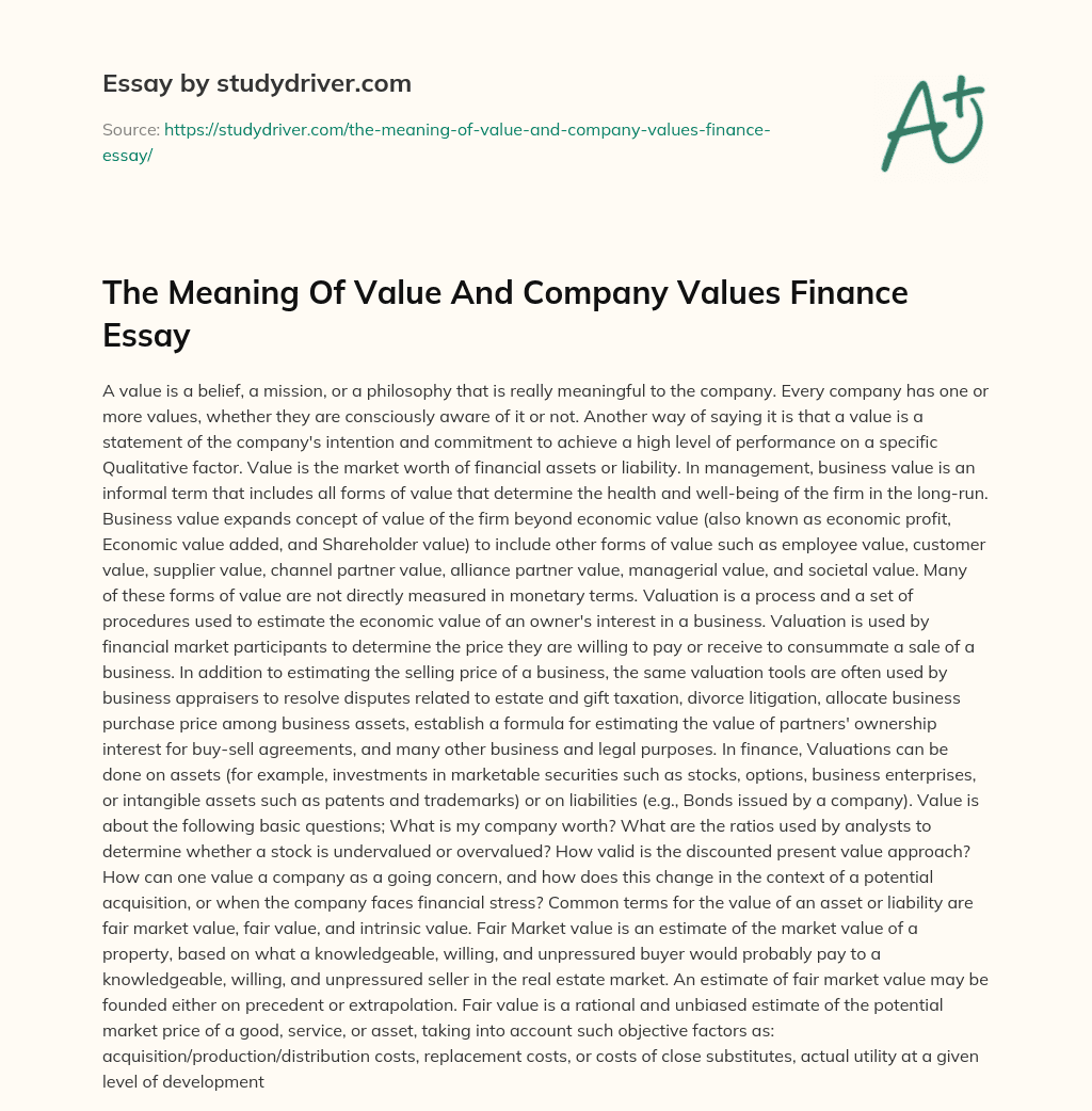 The Meaning of Value and Company Values Finance Essay essay
