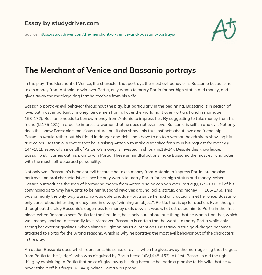 The Merchant of Venice and Bassanio Portrays essay