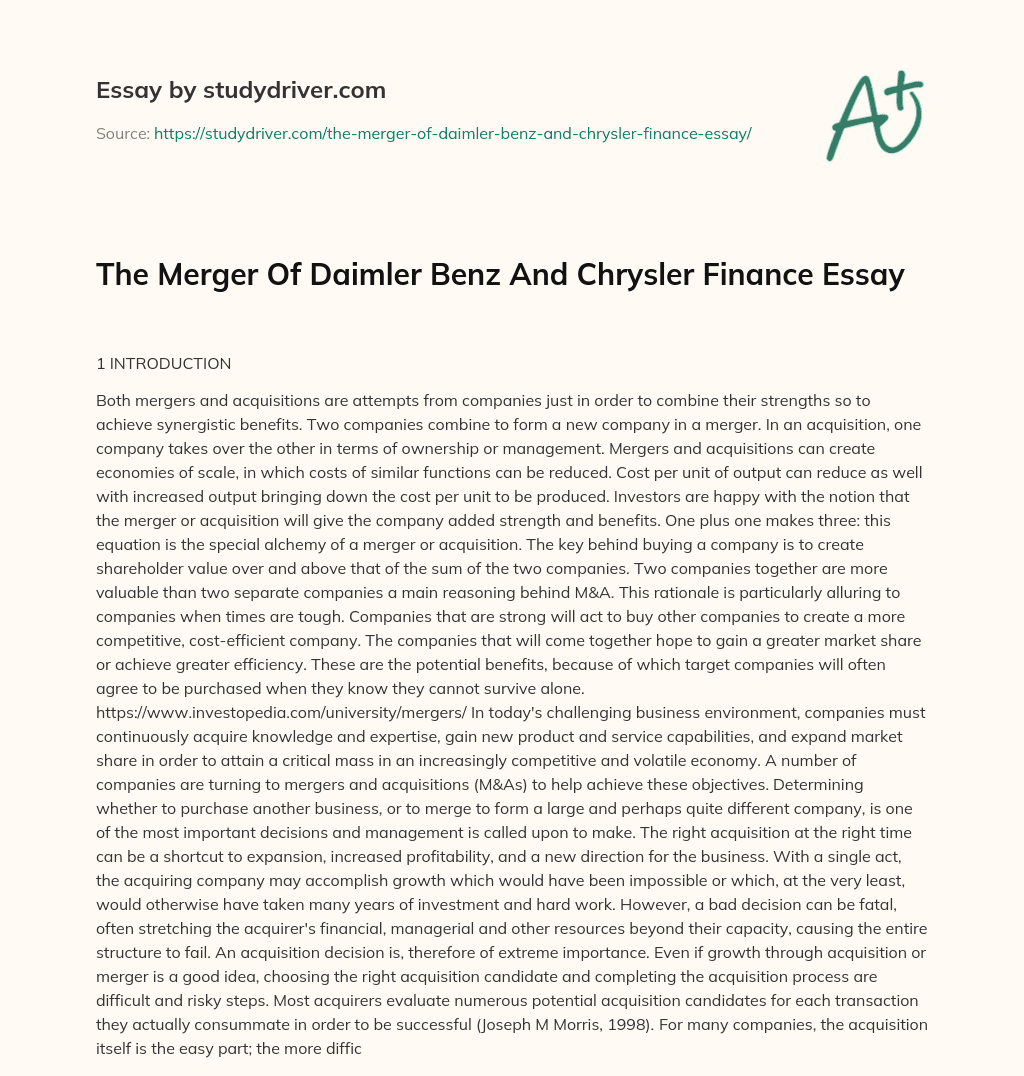 The Merger of Daimler Benz and Chrysler Finance Essay essay