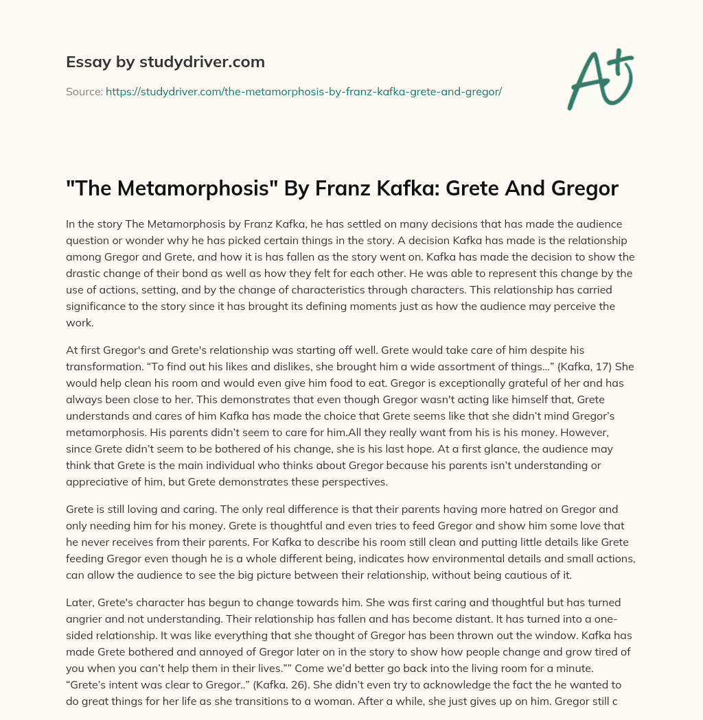 “The Metamorphosis” by Franz Kafka: Grete and Gregor essay