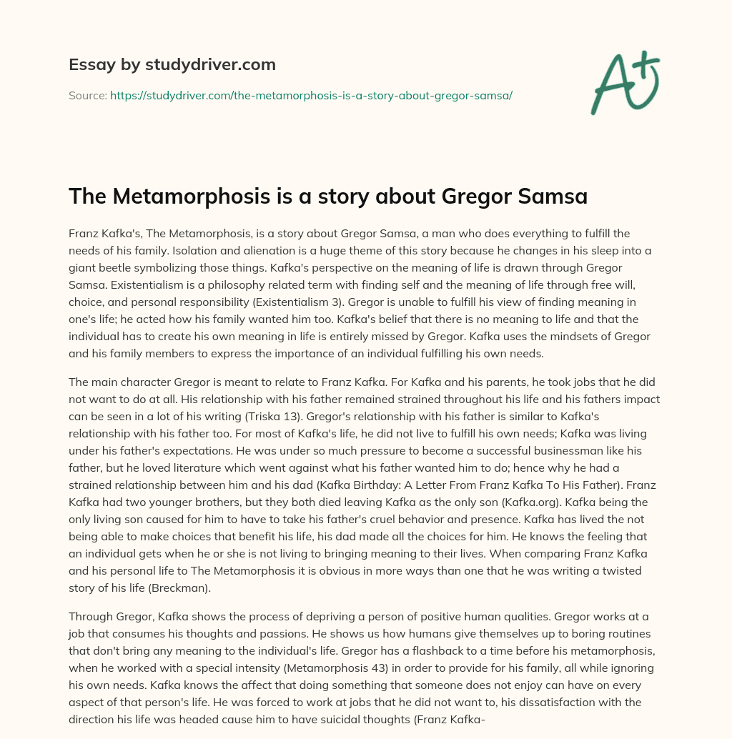 The Metamorphosis is a Story about Gregor Samsa essay