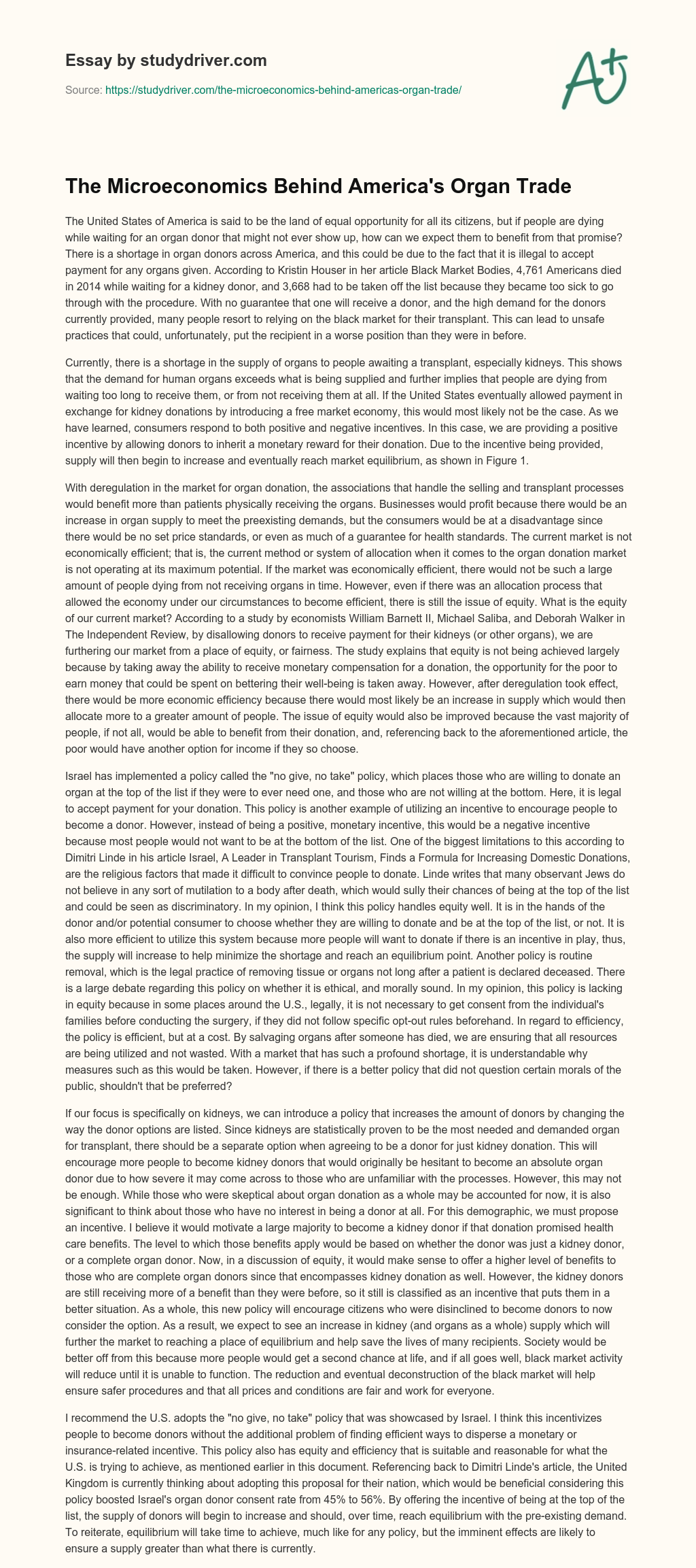The Microeconomics Behind America’s Organ Trade essay