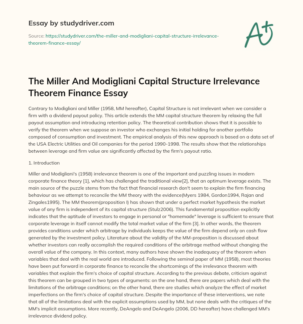The Miller and Modigliani Capital Structure Irrelevance Theorem Finance Essay essay