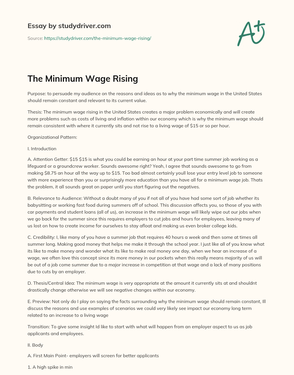 The Minimum Wage Rising essay