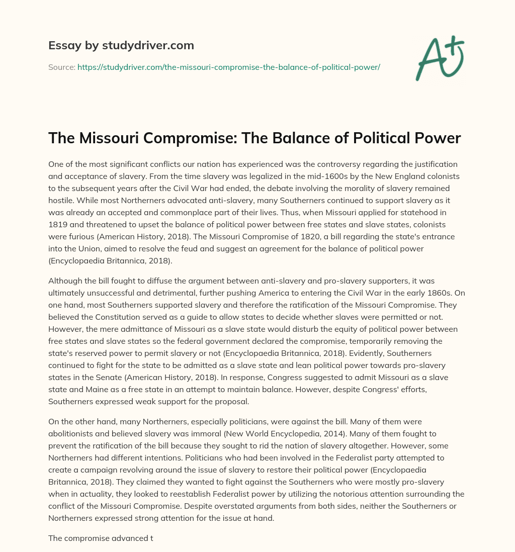 The Missouri Compromise: the Balance of Political Power essay
