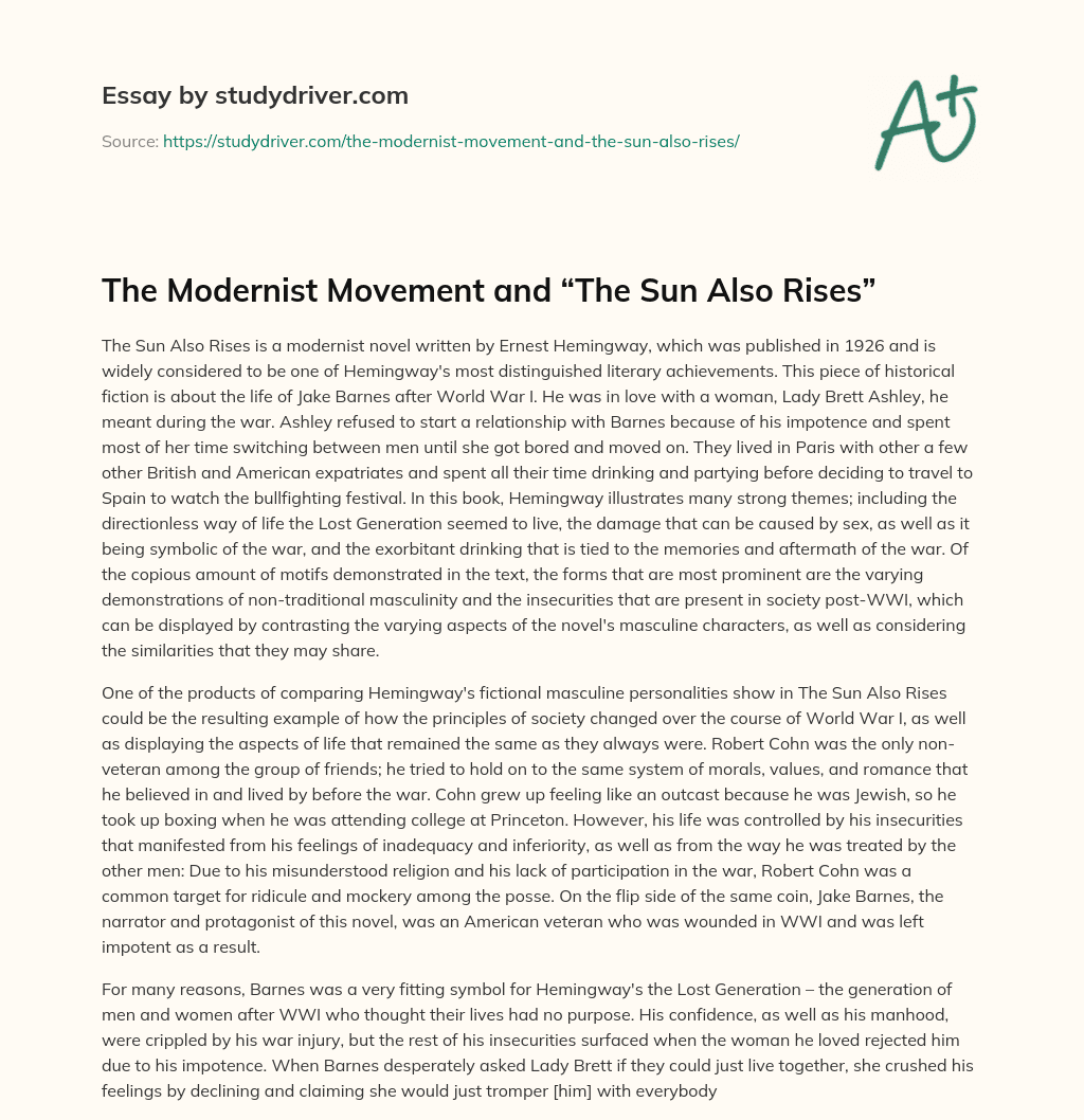The Modernist Movement and “The Sun Also Rises” essay