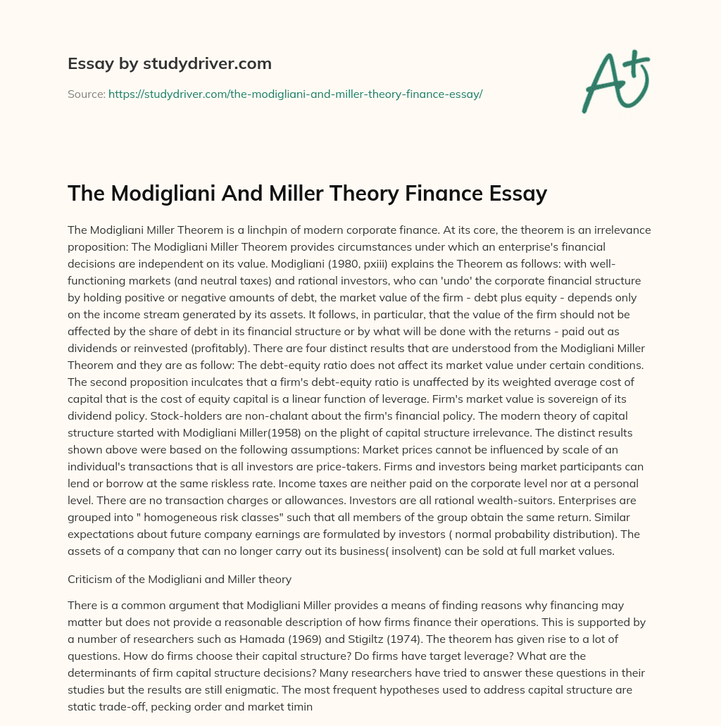 The Modigliani and Miller Theory Finance Essay essay