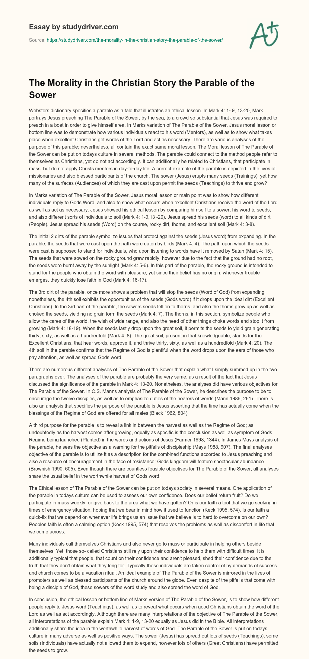 The Morality in the Christian Story the Parable of the Sower essay