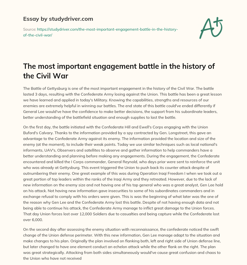 The most Important Engagement Battle in the History of the Civil War essay