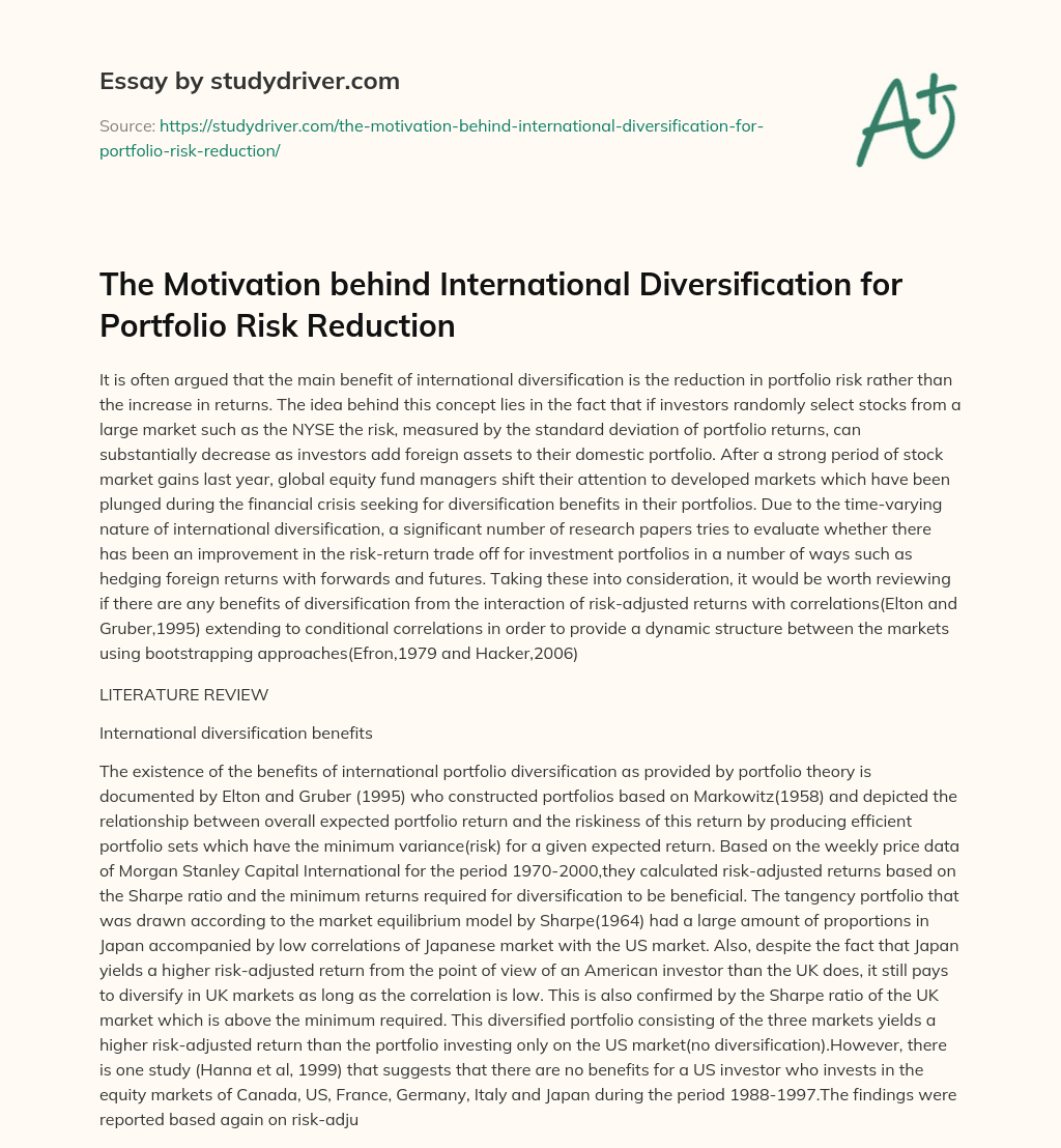 The Motivation Behind International Diversification for Portfolio Risk Reduction essay
