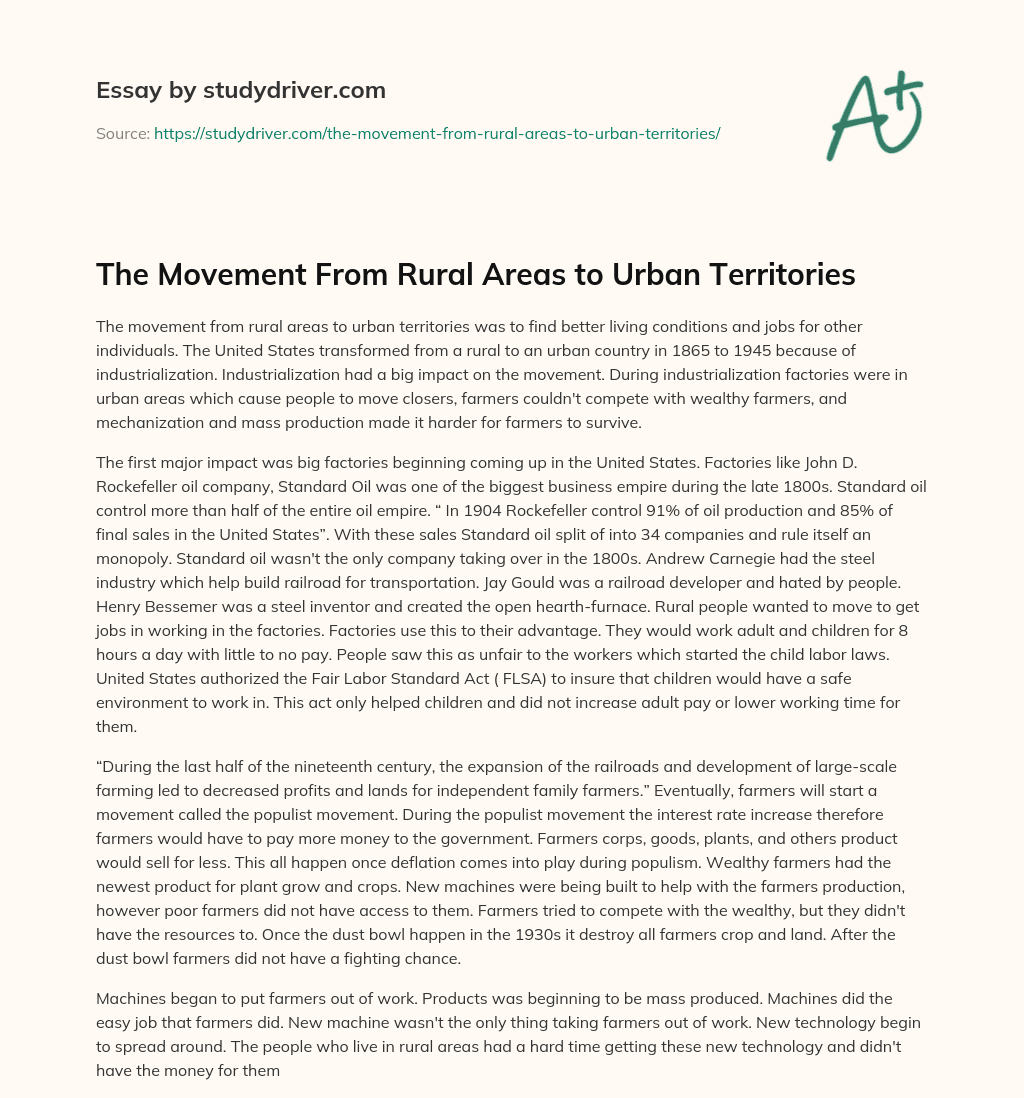 The Movement from Rural Areas to Urban Territories essay