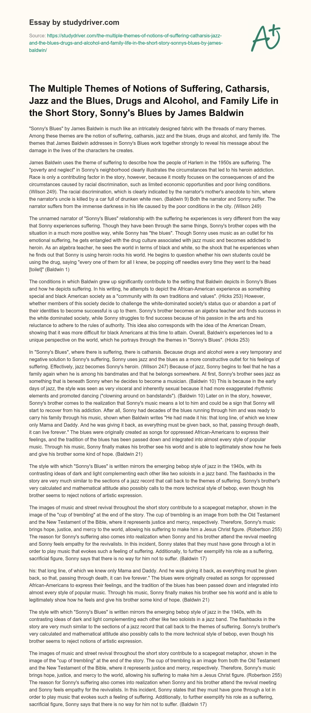The Multiple Themes of Notions of Suffering, Catharsis, Jazz and the Blues, Drugs and Alcohol, and Family Life in the Short Story, Sonny’s Blues by James Baldwin essay